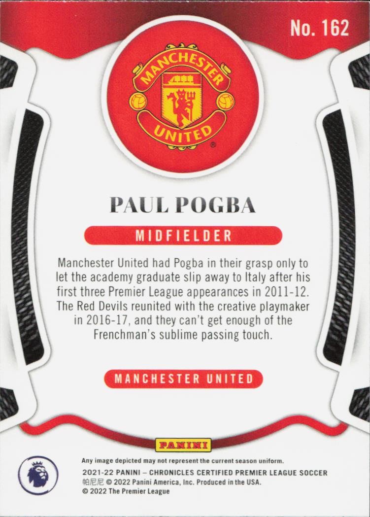 Paul Pogba Panini Chronicles - Certified Premier League Red Lasers Manchester United 162 2021-22