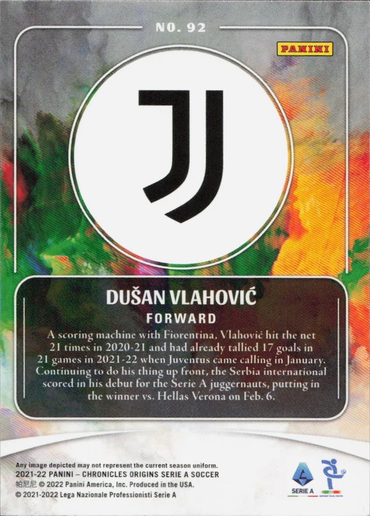 Dusan Vlahovic Panini Chronicles - Origins Serie A Juventus 92 2021-22 (Back)