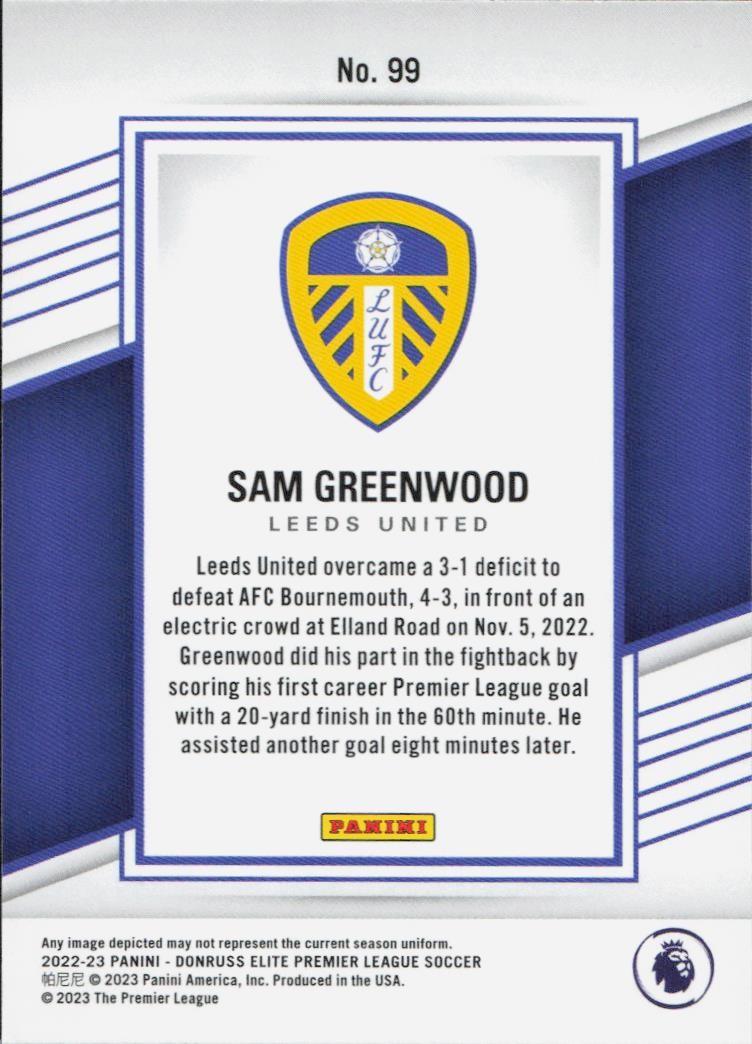 Sam Greenwood Donruss Elite Premier League - Disco Red Leeds United 99 2022-23 (Back)