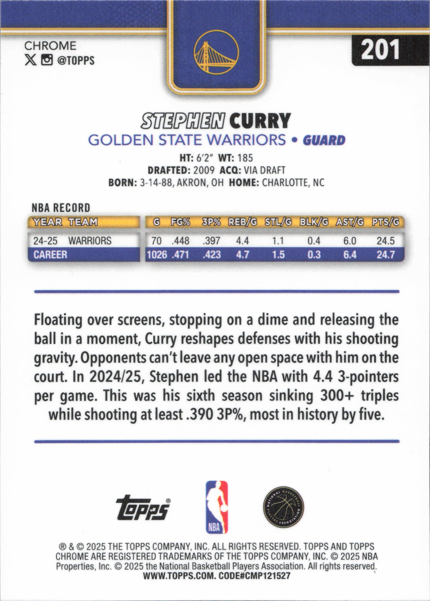 Stephen Curry Base Topps Chrome NBA