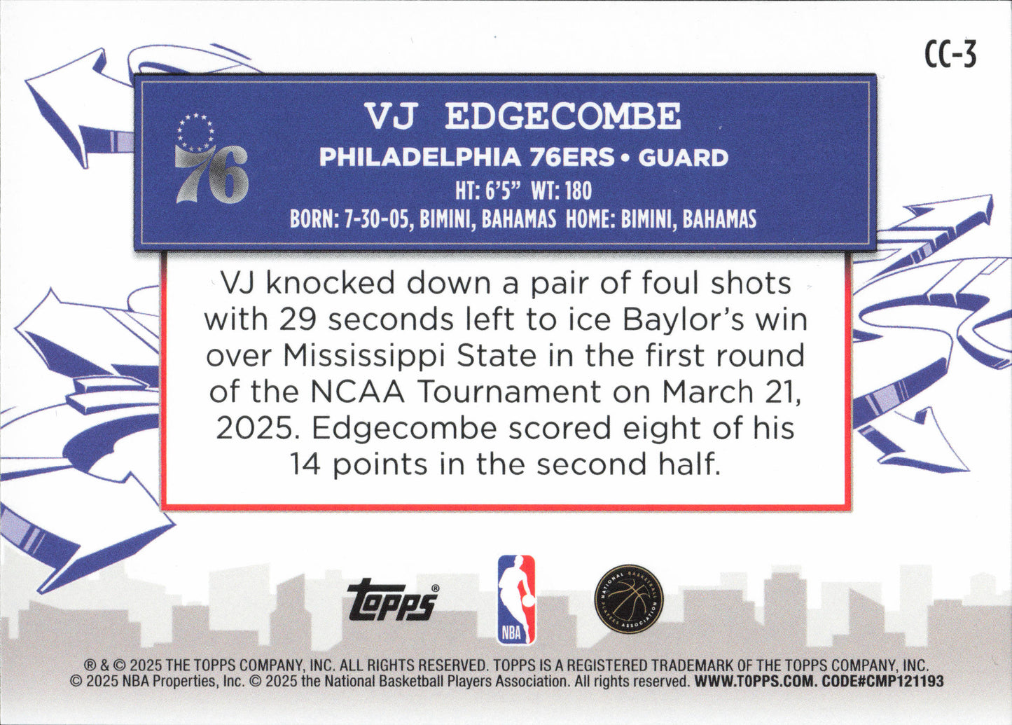 VJ Edgecombe Rookie Clutch City Prospects Topps Flagship