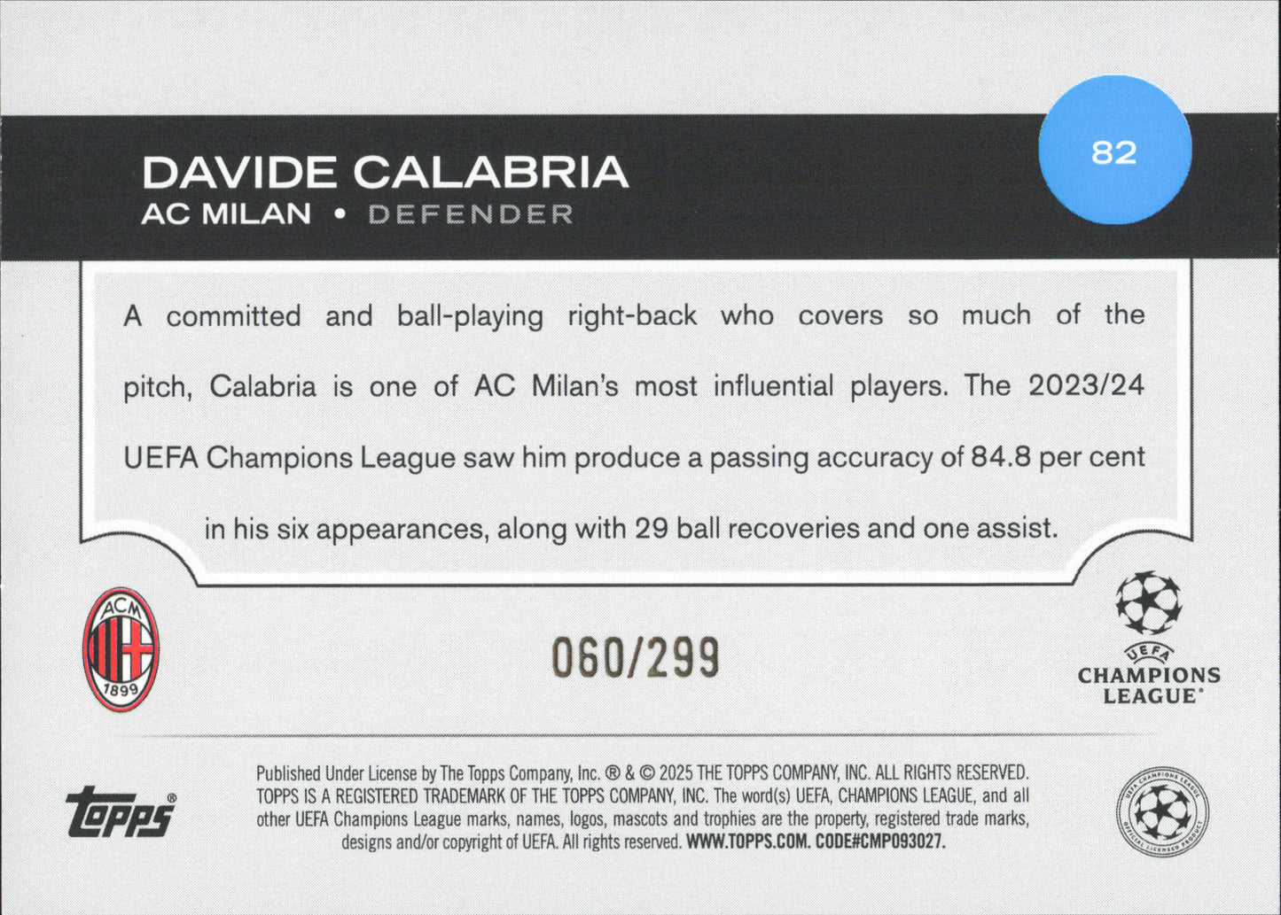 Davide Calabria Numbered /299 Topps Flagship