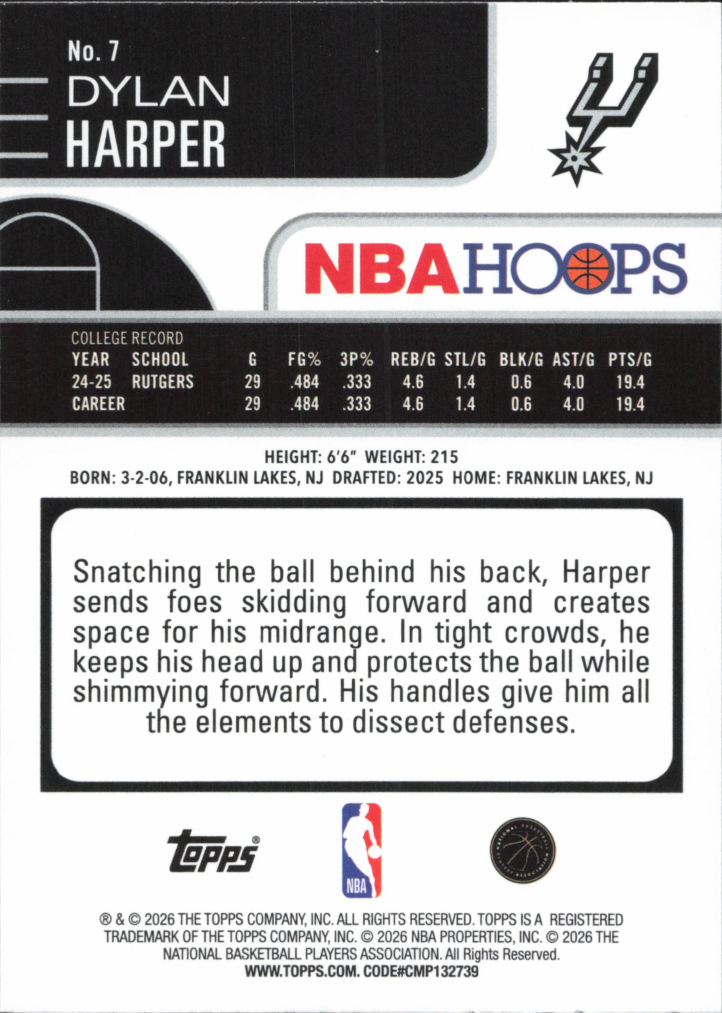 Dylan Harper Rookie Topps NBA Hoops
