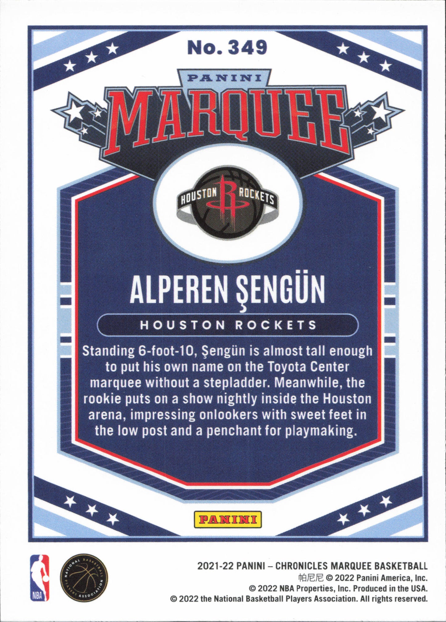 Alperen Sengun Rookie Marquee Panini Chronicles