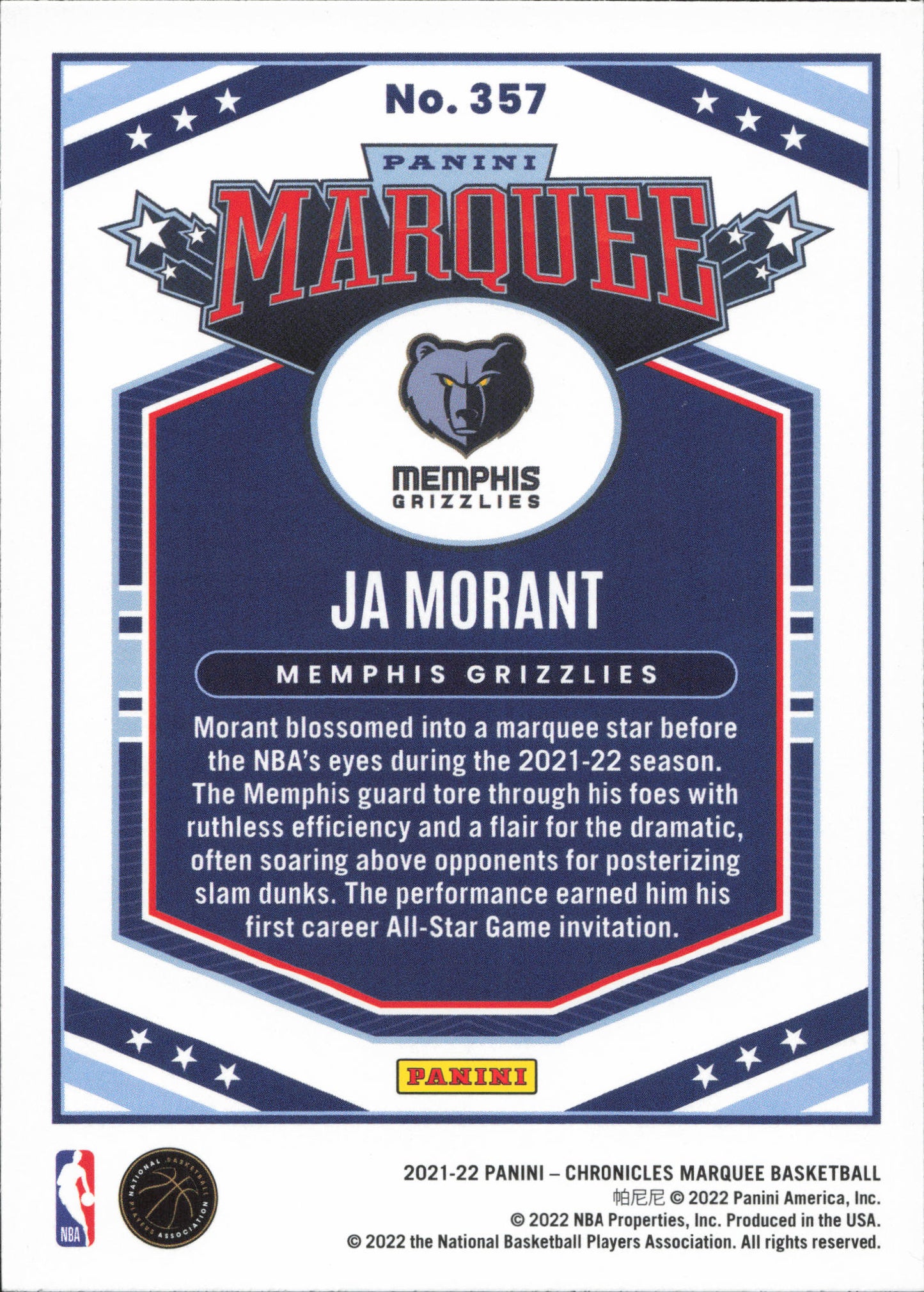 Ja Morant Marquee Panini Chronicles