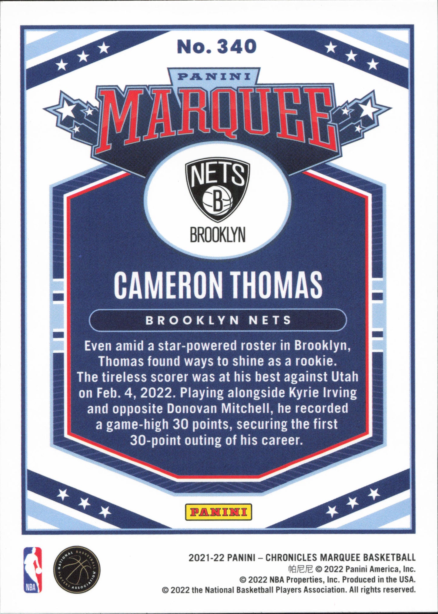 Cameron Thomas Pink Rookie Marquee Panini Chronicles