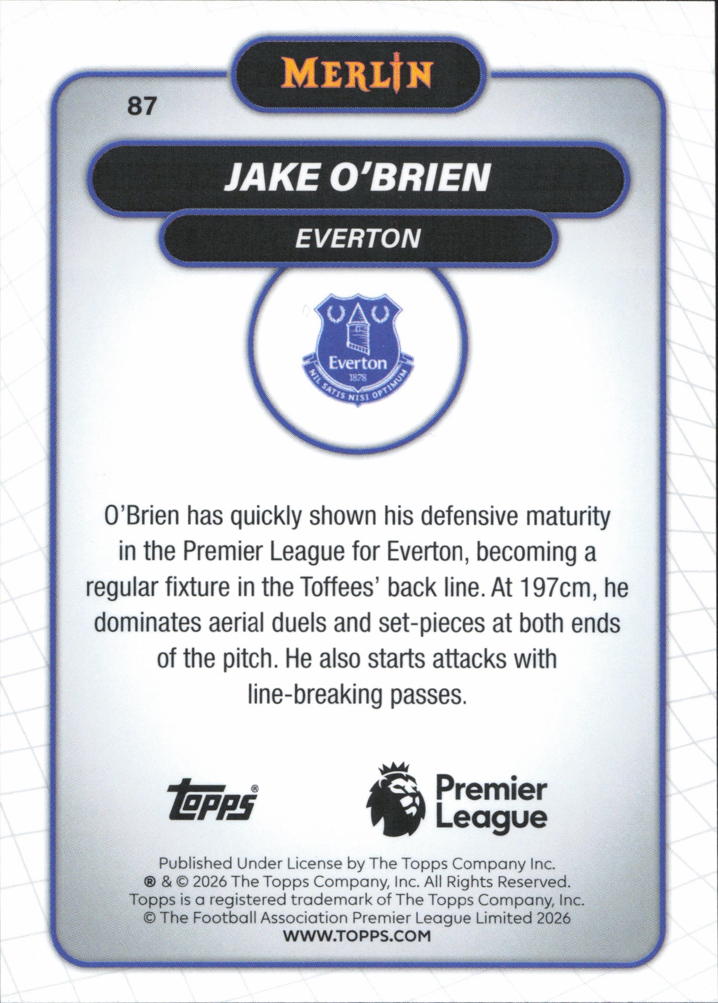 Jake O'Brien Numbered /250 Topps Merlin EPL