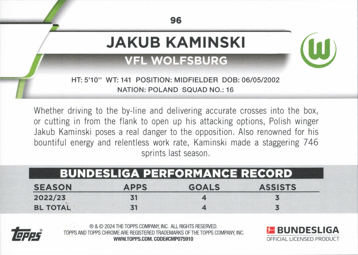 Jakub Kaminski Numbered /250 Topps Jade Bundesliga