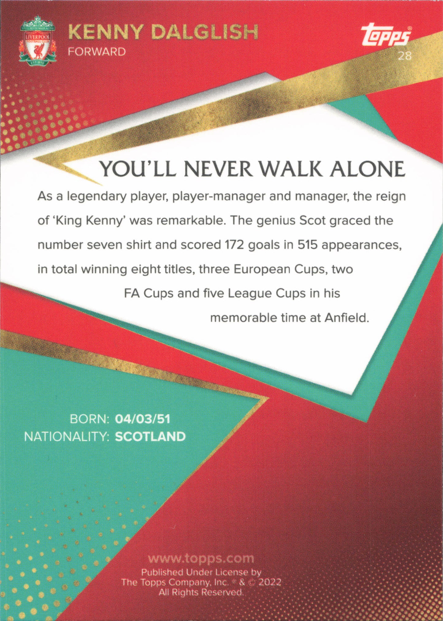 Kenny Dalglish YNWA Topps Liverpool Team Set