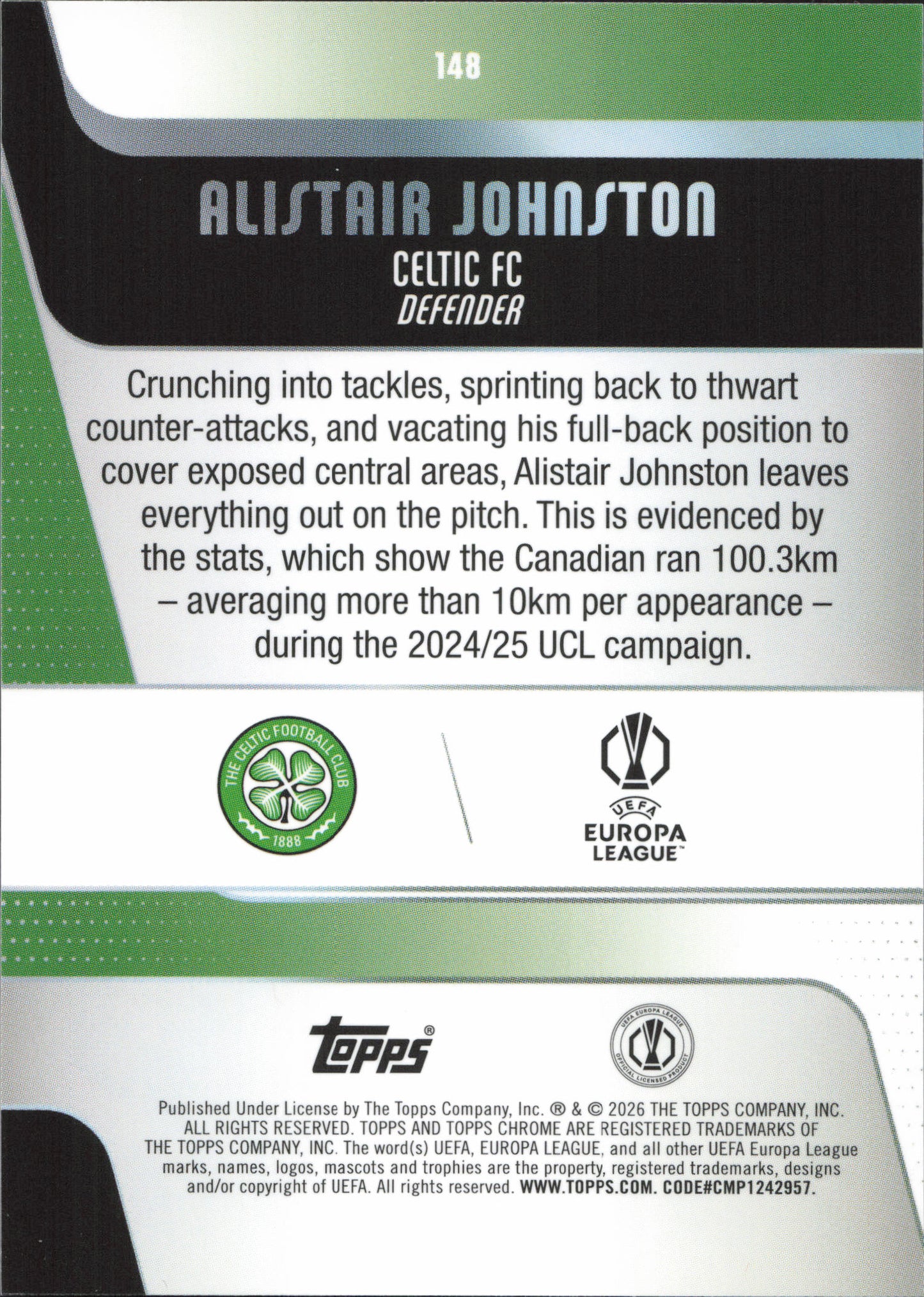 Alistair Johnston Numbered /75 Topps Chrome UCC