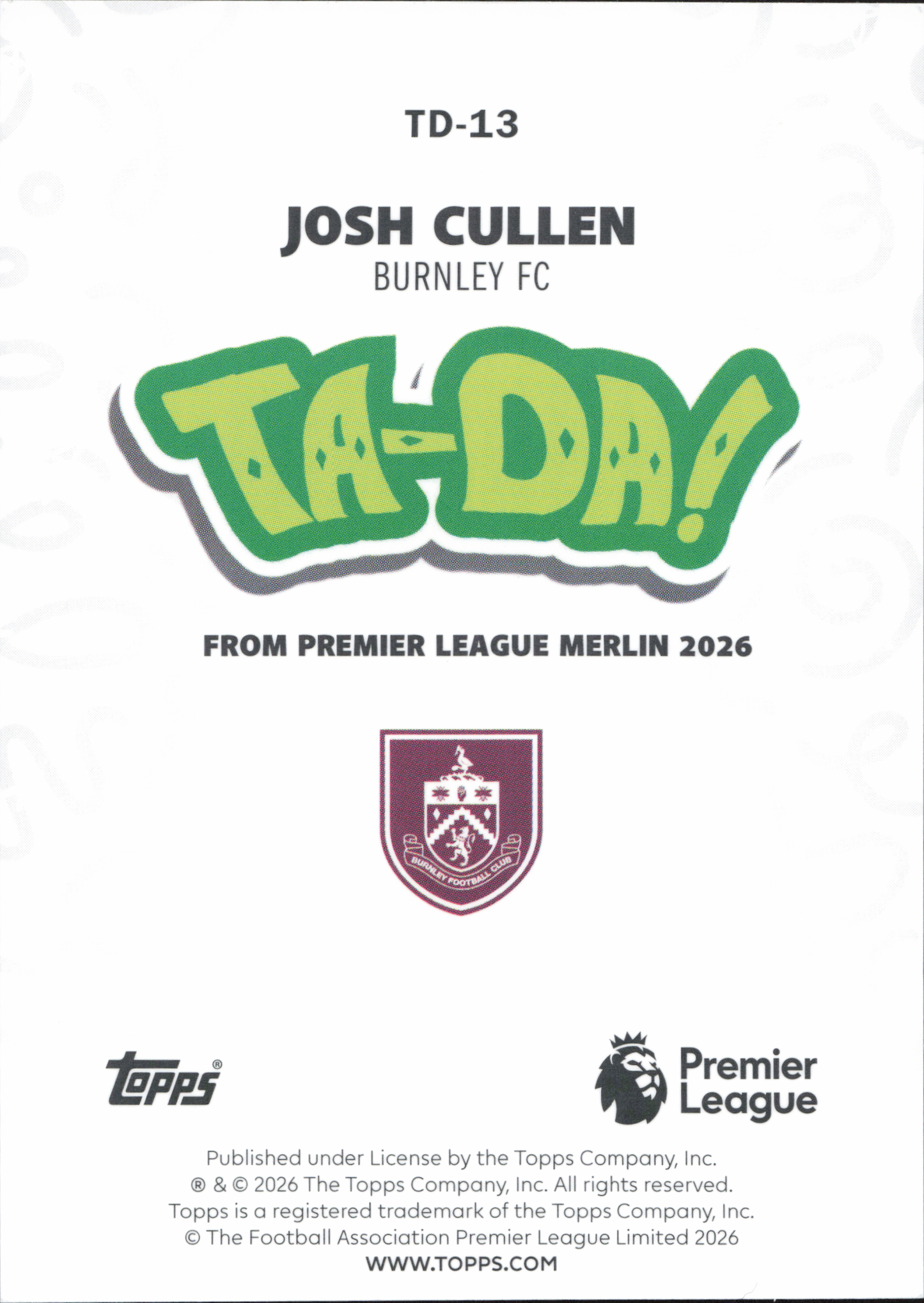 Josh Cullen Ta-Da Numbered /75 Topps Merlin EPL