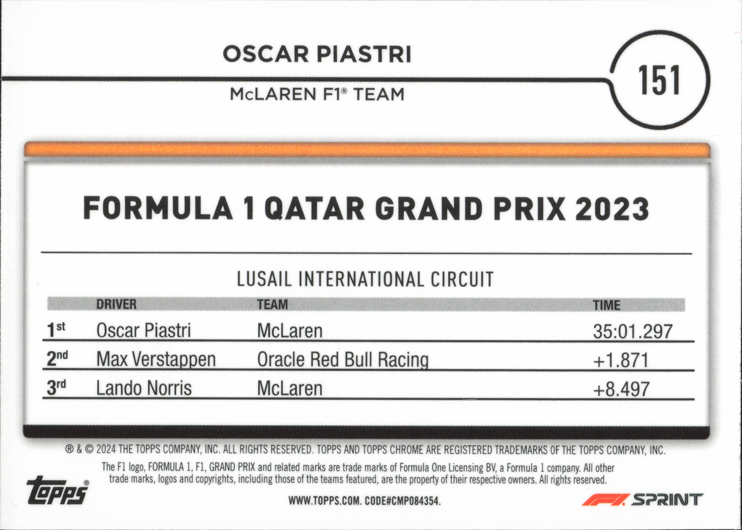 Oscar Piastri Sprint Winners Black and White Raywave Topps Chrome Formula 1 2024