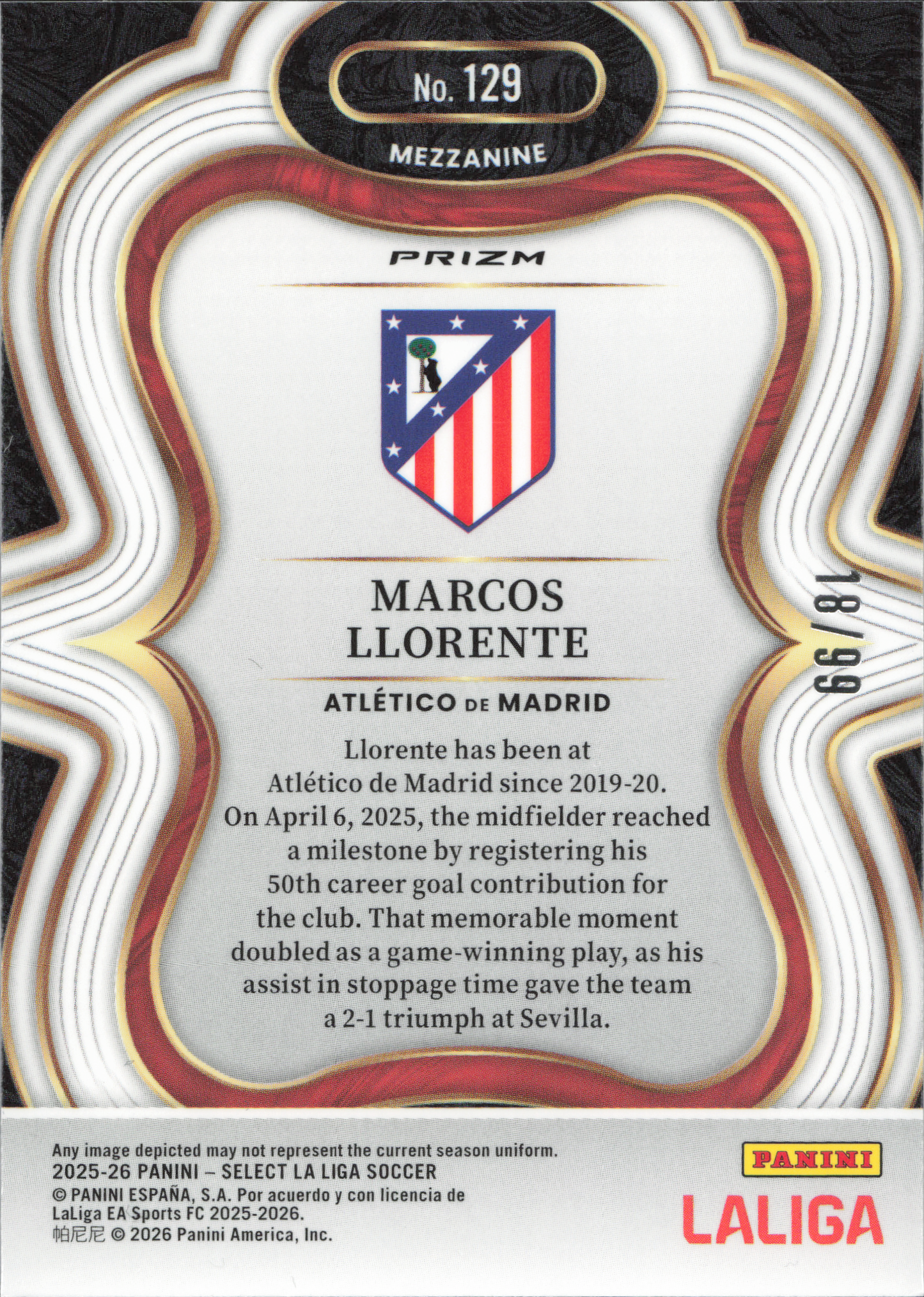 Marcos Llorente Numbered /99 Panini Select La Liga
