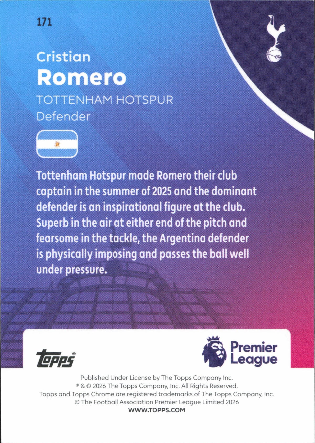 Cristian Romero Numbered /299 Topps Chrome EPL