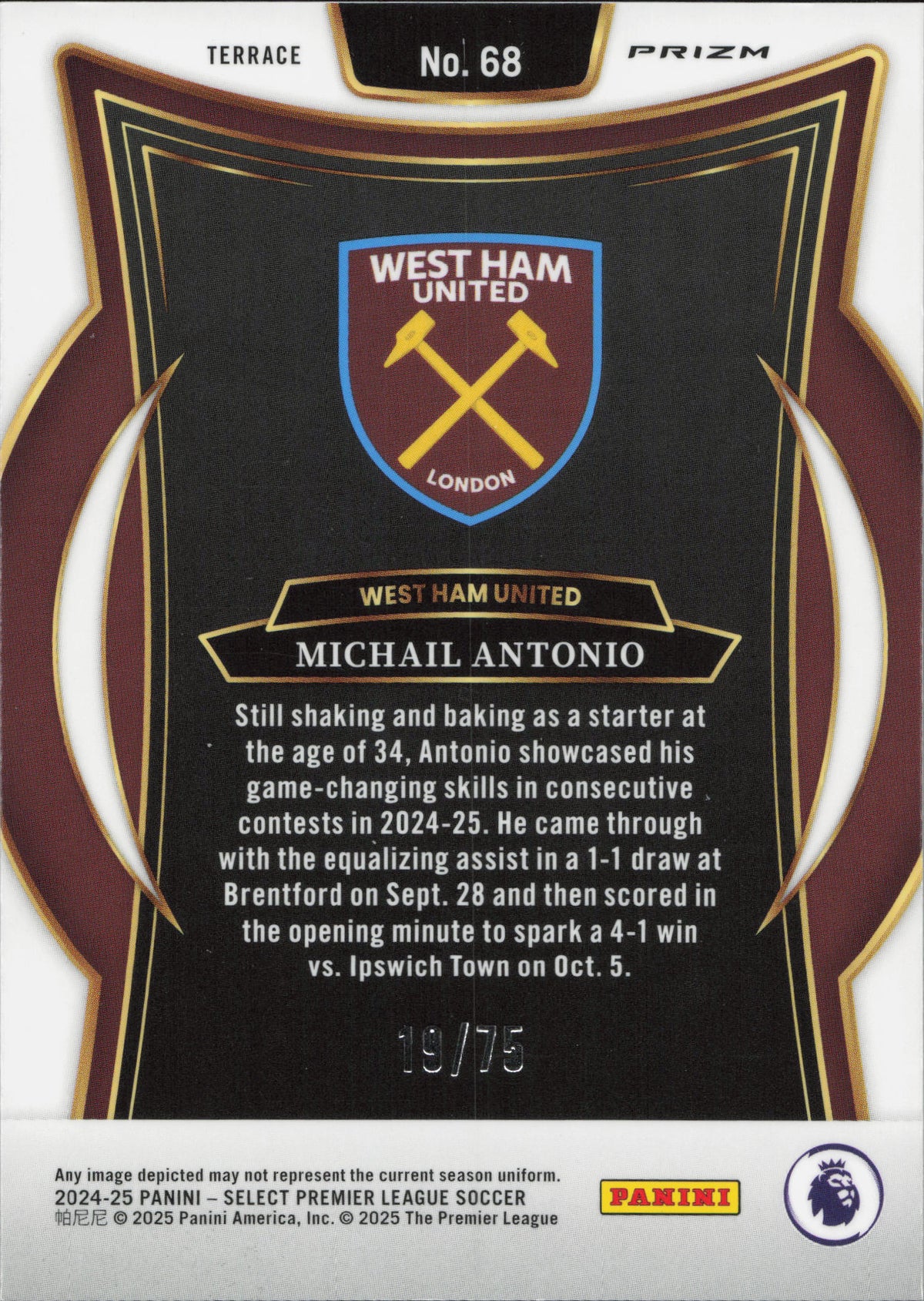 Michail Antonio Numbered /75 Panini Select EPL