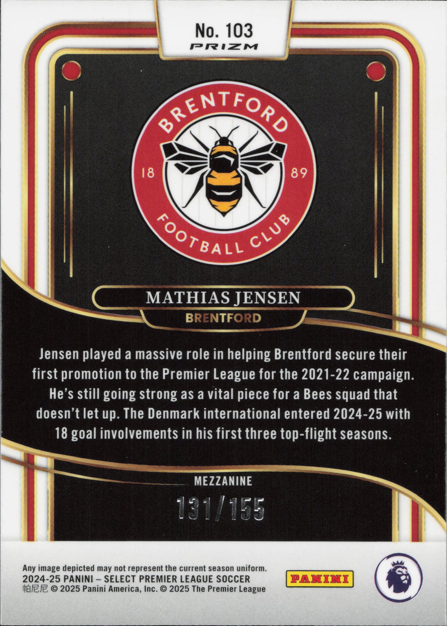 Mathias Jensen Numbered /155 Panini Select EPL