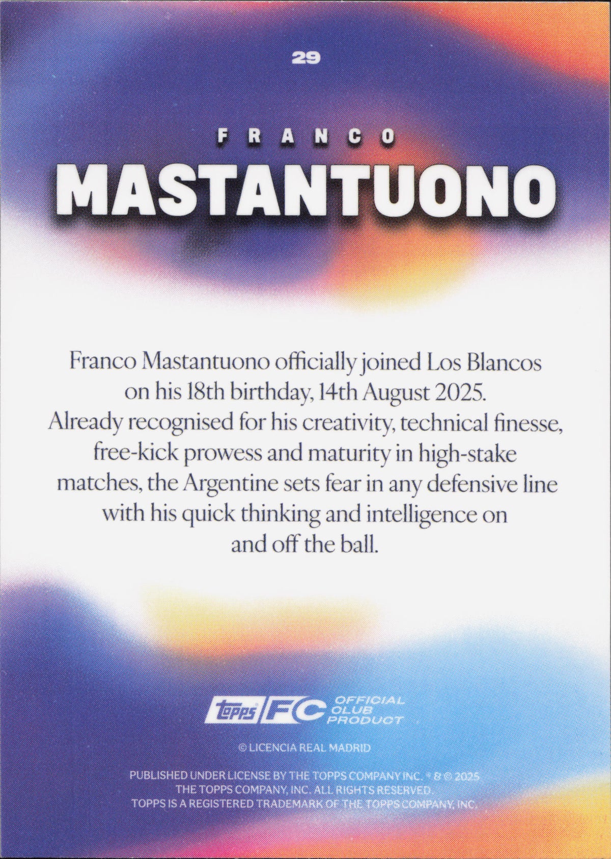 Franco Mastantuono Rookie Topps Los Blancos Real Madrid