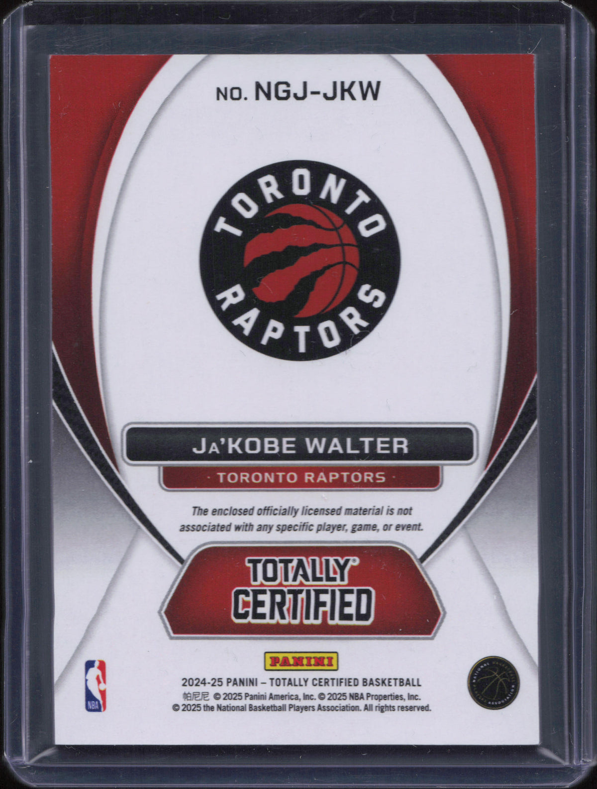 Ja'Kobe Walter Rookie Patch Panini Totally Certified