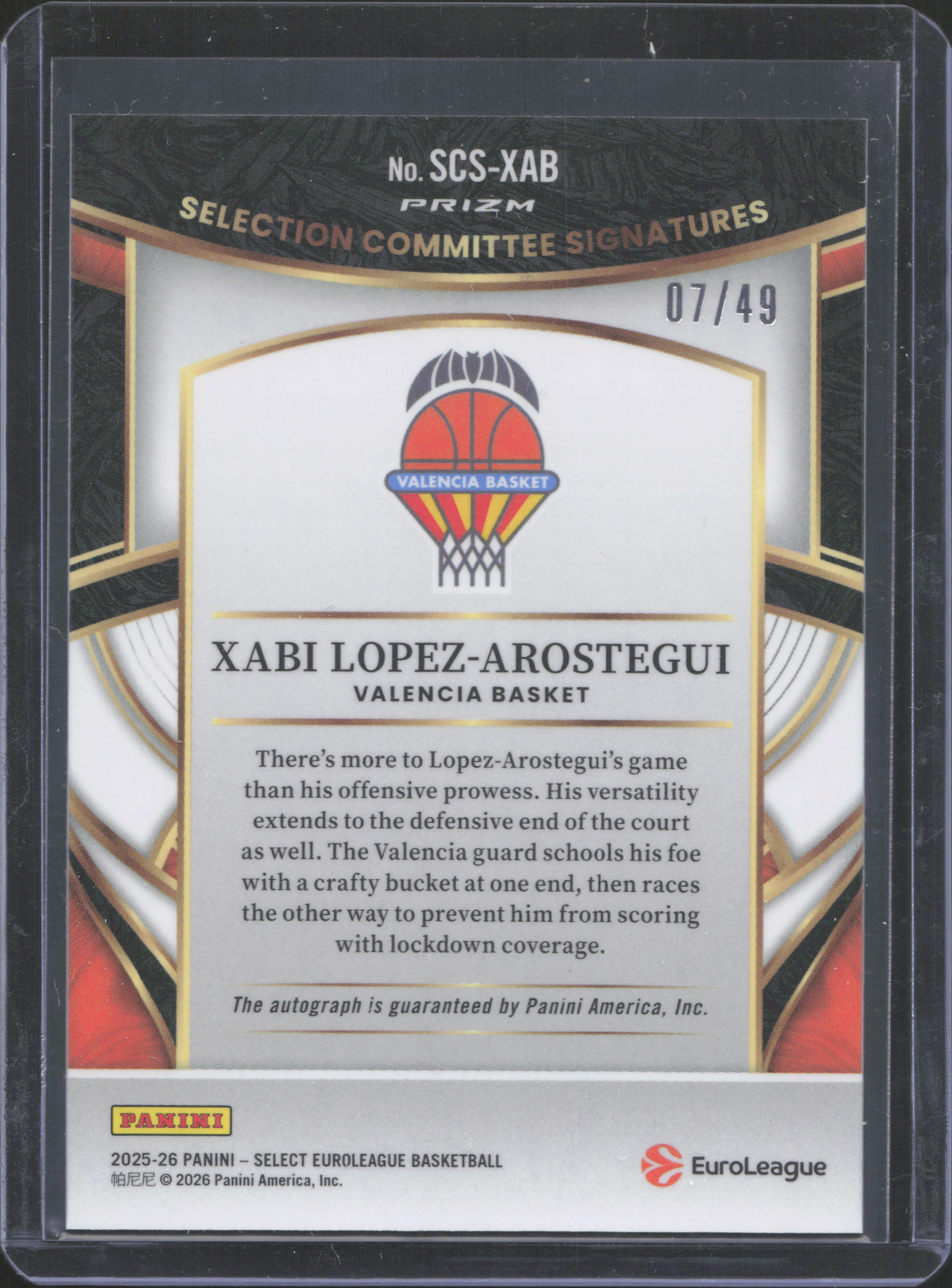 Xabi Lopez-Arostegui Autograph Numbered /49 Panini Select EuroLeague
