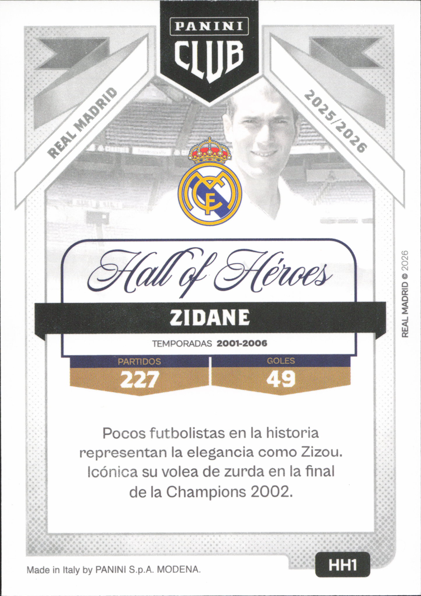 Zinedine Zidane Hall of Heroes Panini Club Real Madrid