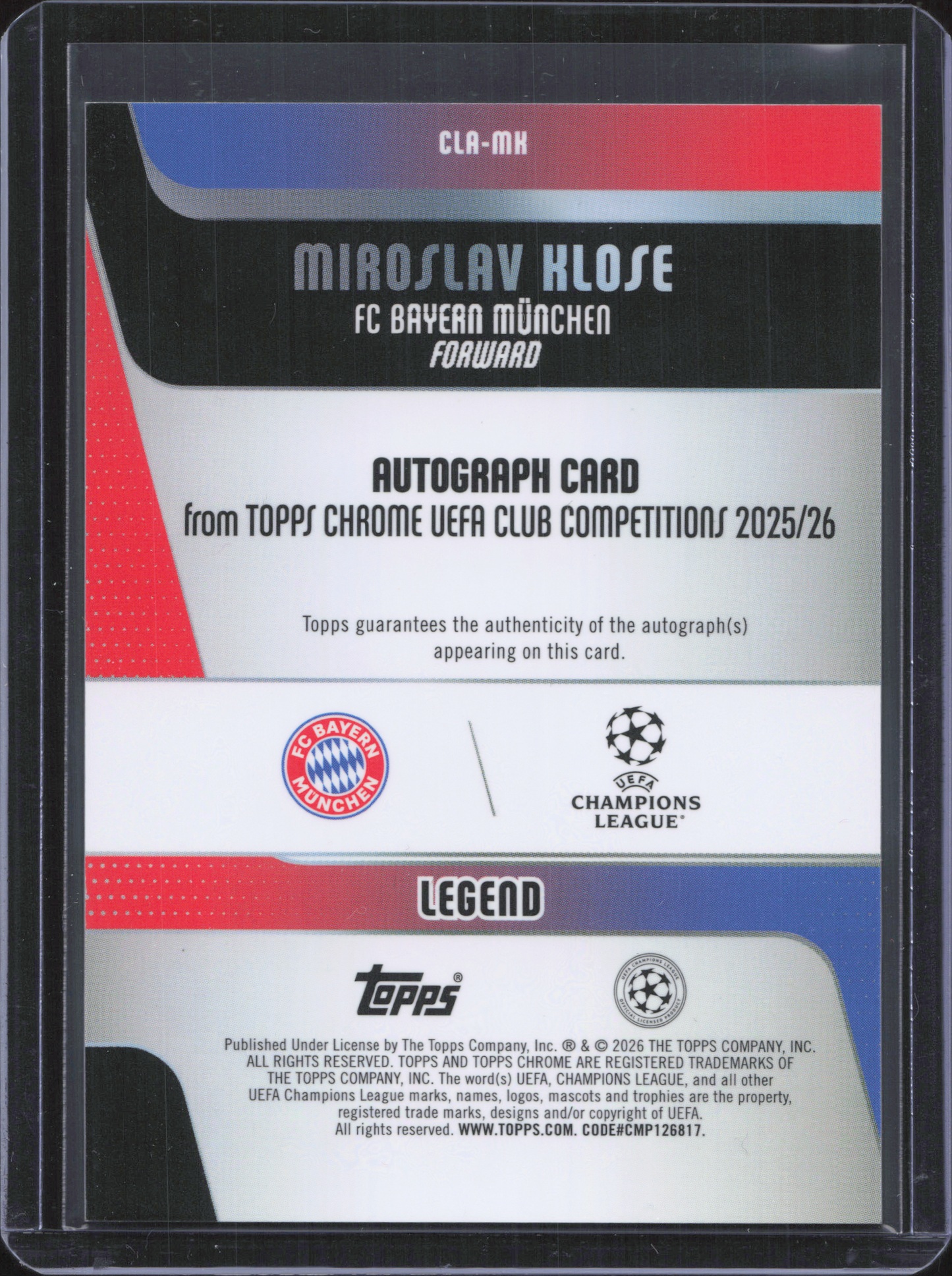 Miroslav Klose Autograph Numbered /250 Topps Chrome UCC