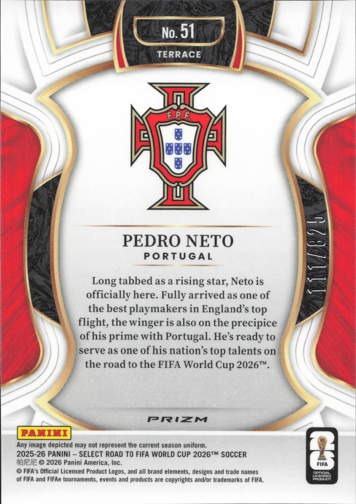 Pedro Neto Numbered /825 Panini Select World Cup