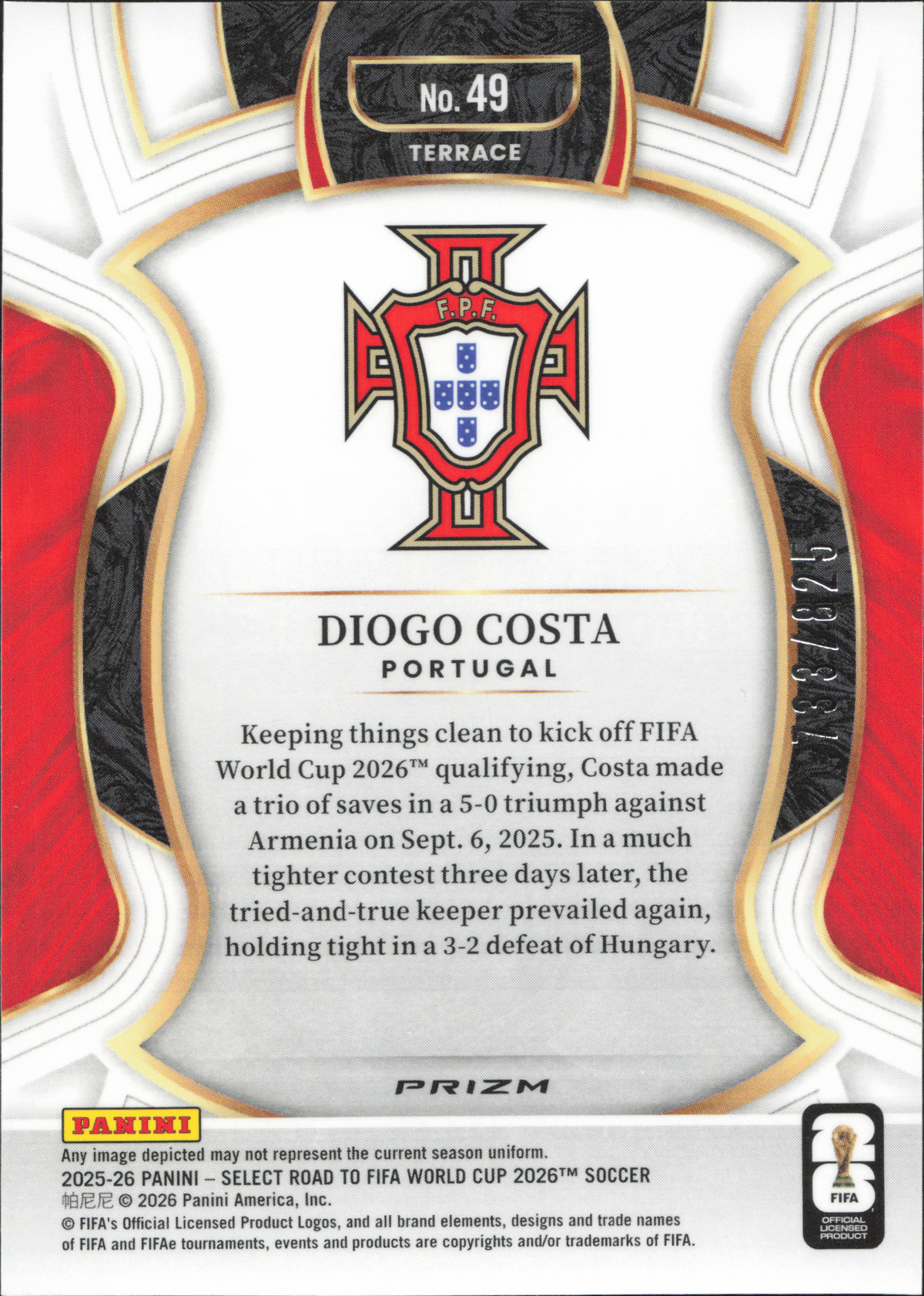 Diogo Costa Numbered /825 Panini Select World Cup