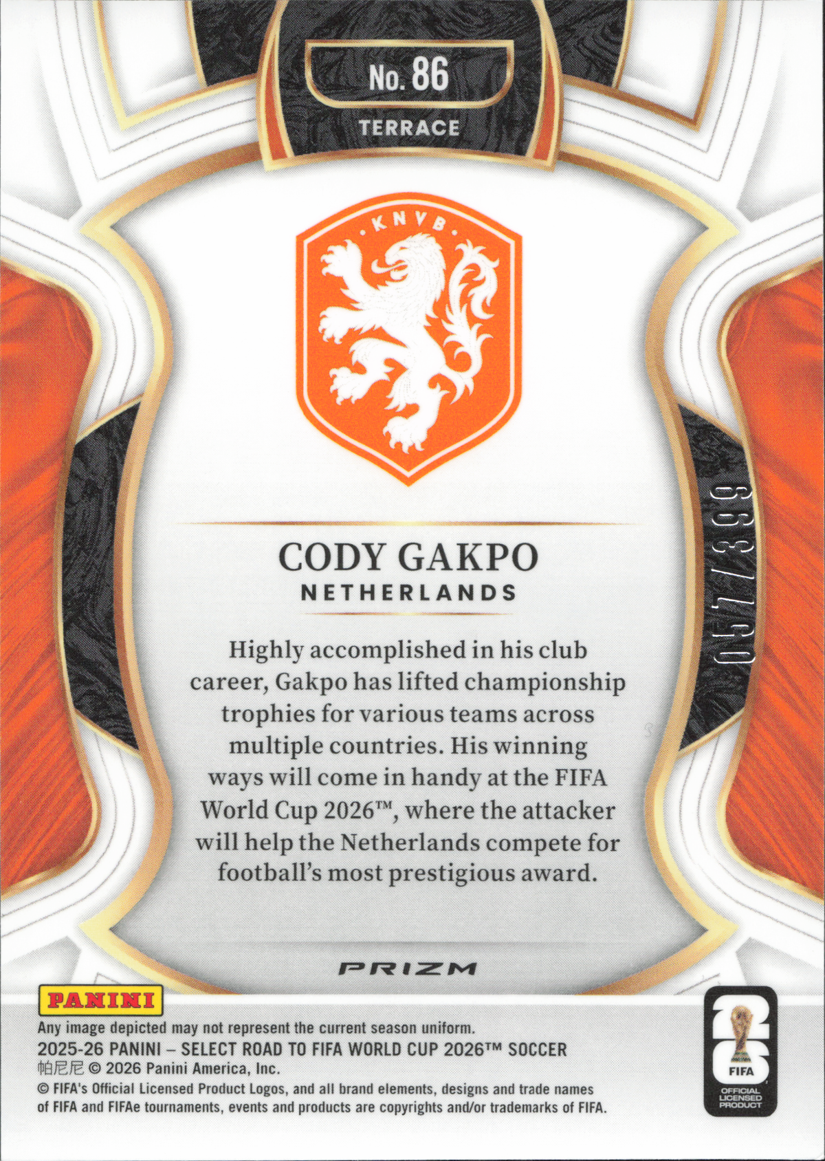 Cody Gakpo Numbered /399 Panini Select World Cup