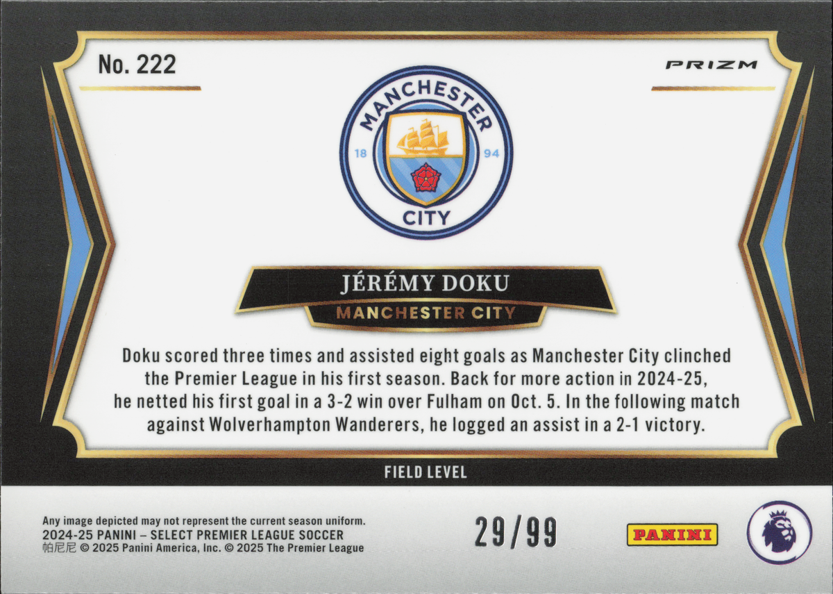 Jeremy Doku Numbered /99 Panini Select EPL