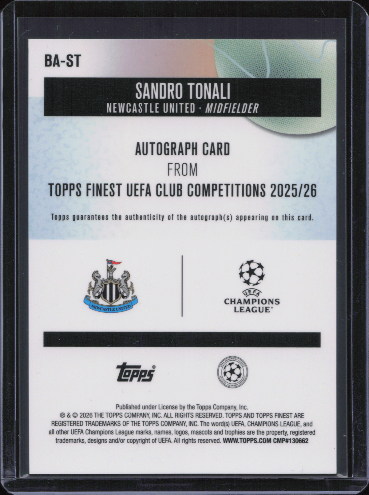 Sandro Tonali Autograph Numbered /150 Topps Finest