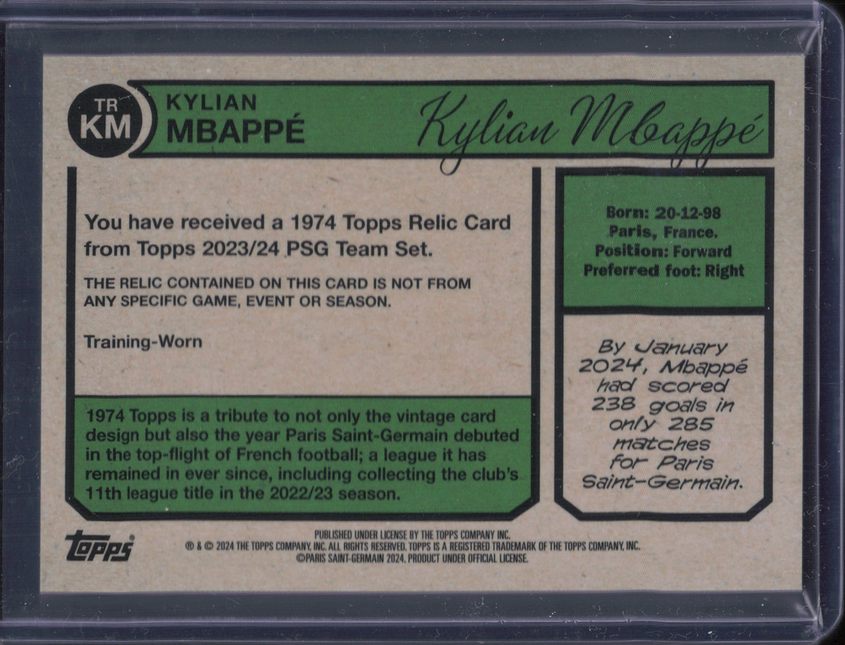 Kylian Mbappe Training-Worn Patch Numbered /99 Topps PSG Team Set