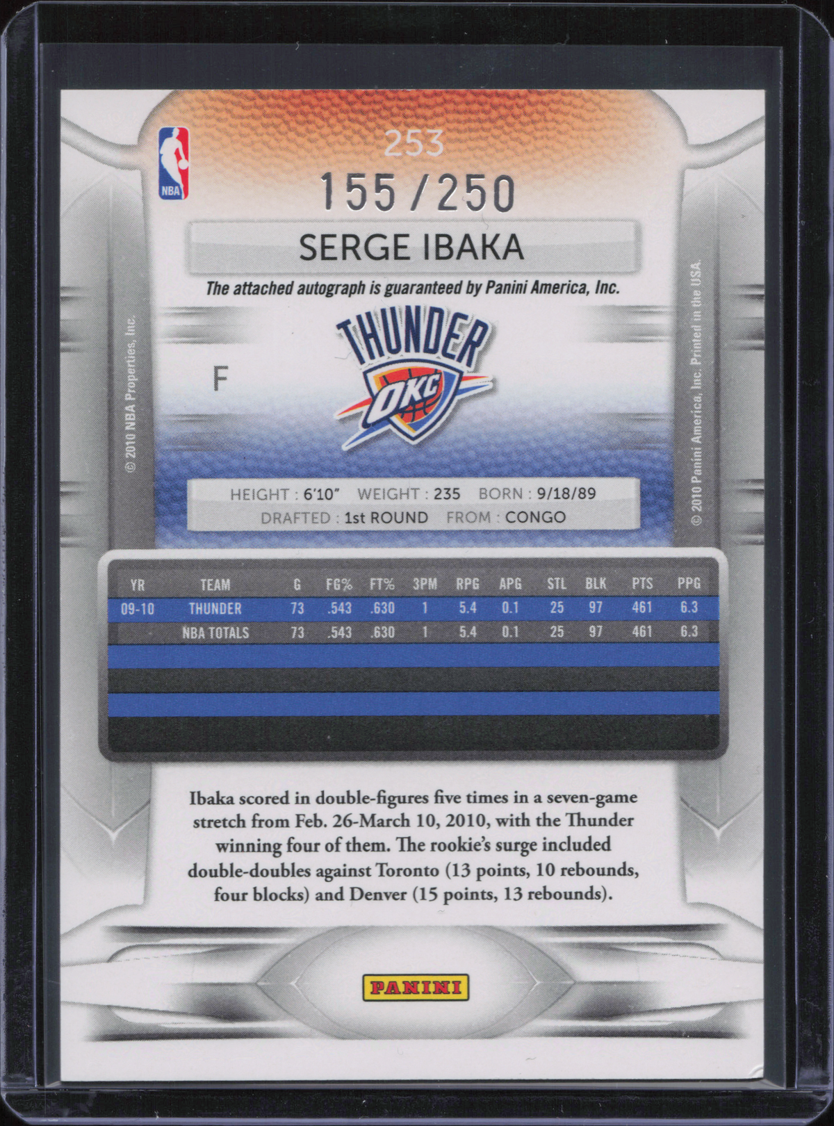 Serge Ibaka Rookie Autograph Numbered /250 Panini Prestige 2009