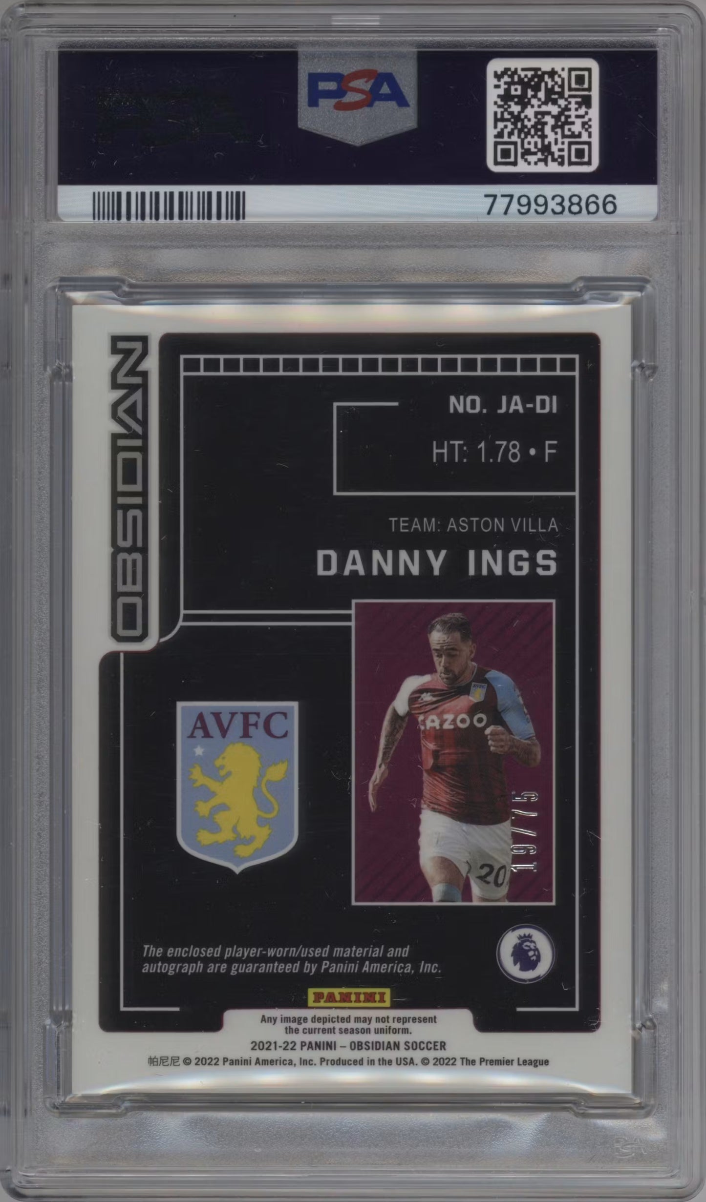 Danny Ings Player-Worn Patch Autograph Numbered /75 Panini Obsidian (GRADED)(PSA)