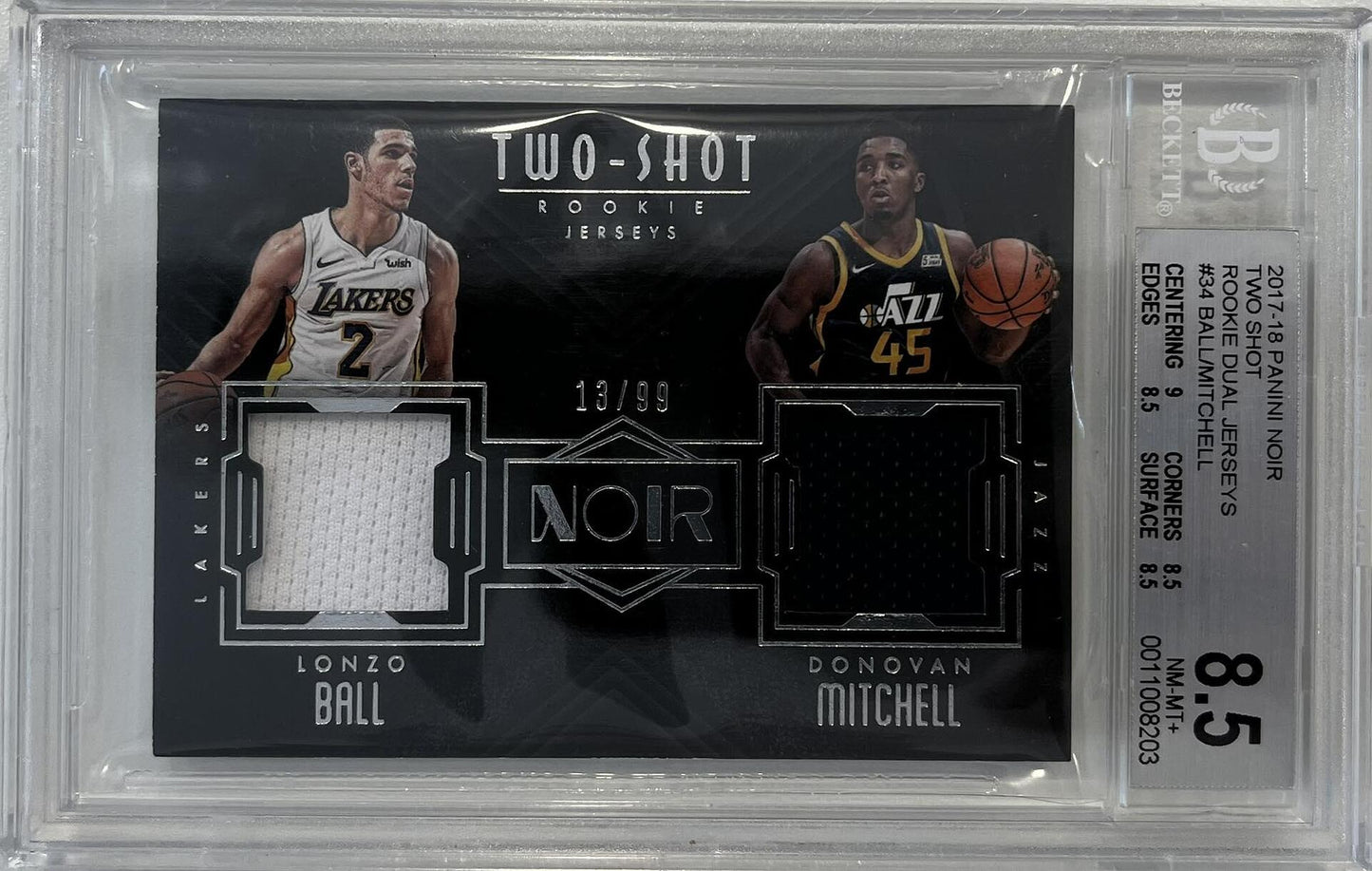Two-Shot Rookie Dual Jerseys Donovan Mitchell / Lonzo Ball Numbered 13/99 Panini Noir 2017-18 (GRADED) (BECKETT)
