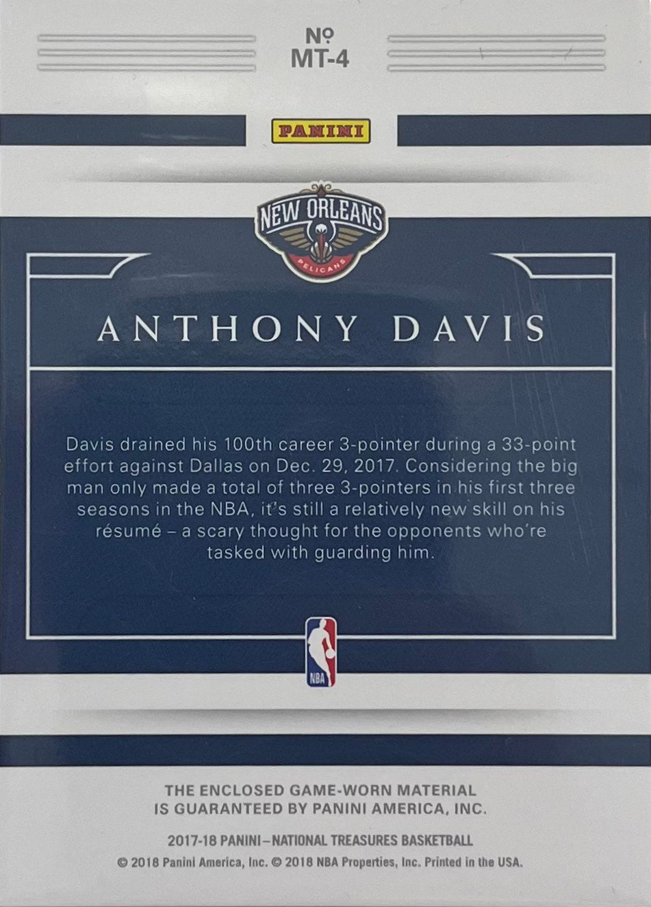 Anthony Davis 2017-18 Panini National Treasures Jersey Patch Numbered 06/49