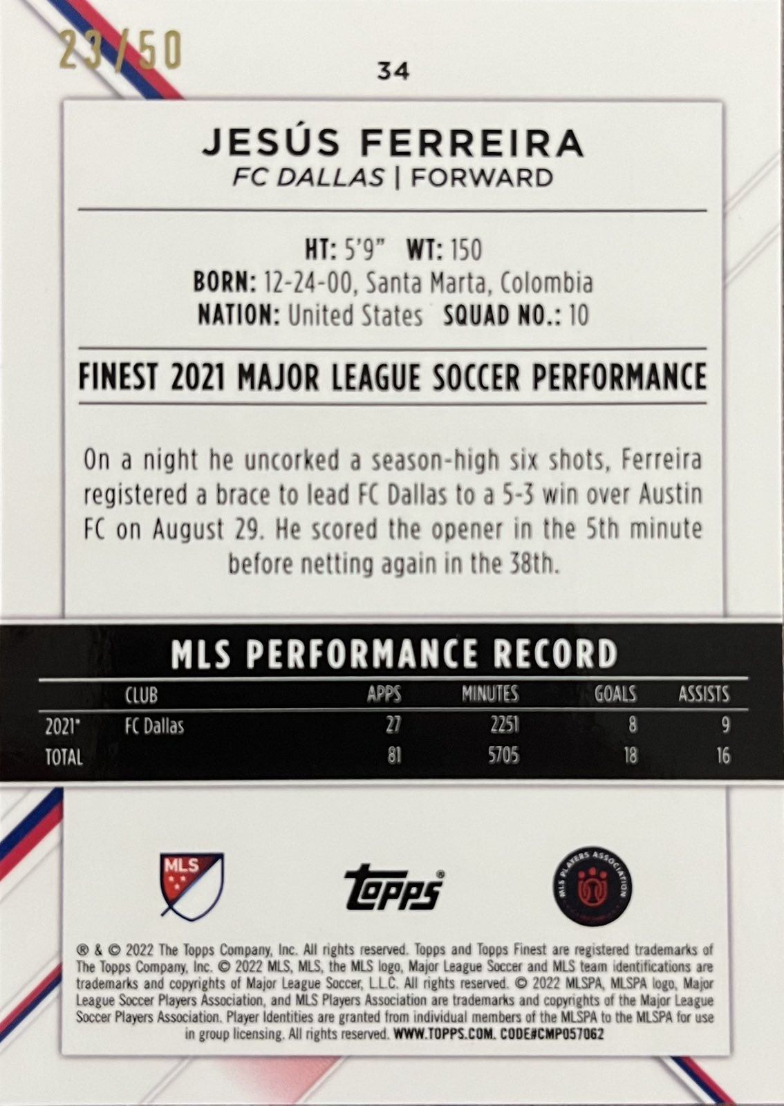 Jesus Ferreira Numbered /50 Gold Refractor 2023 Topps Finest MLS Soccer