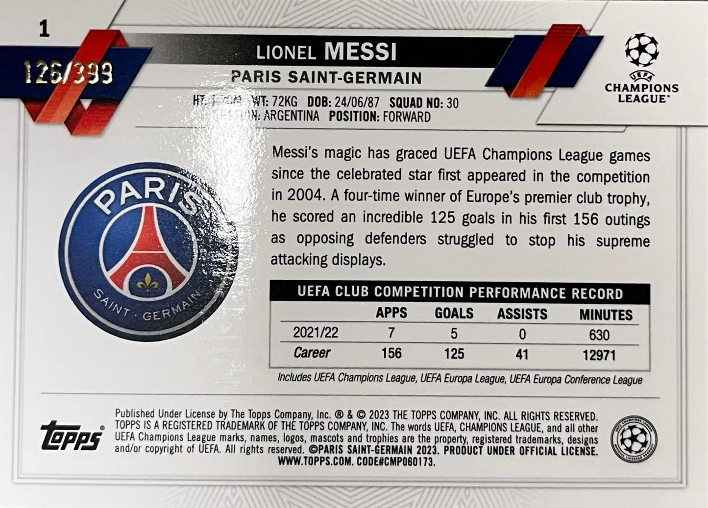 Lionel Messi Neon Green Numbered /399 Topps Chrome 2022-23