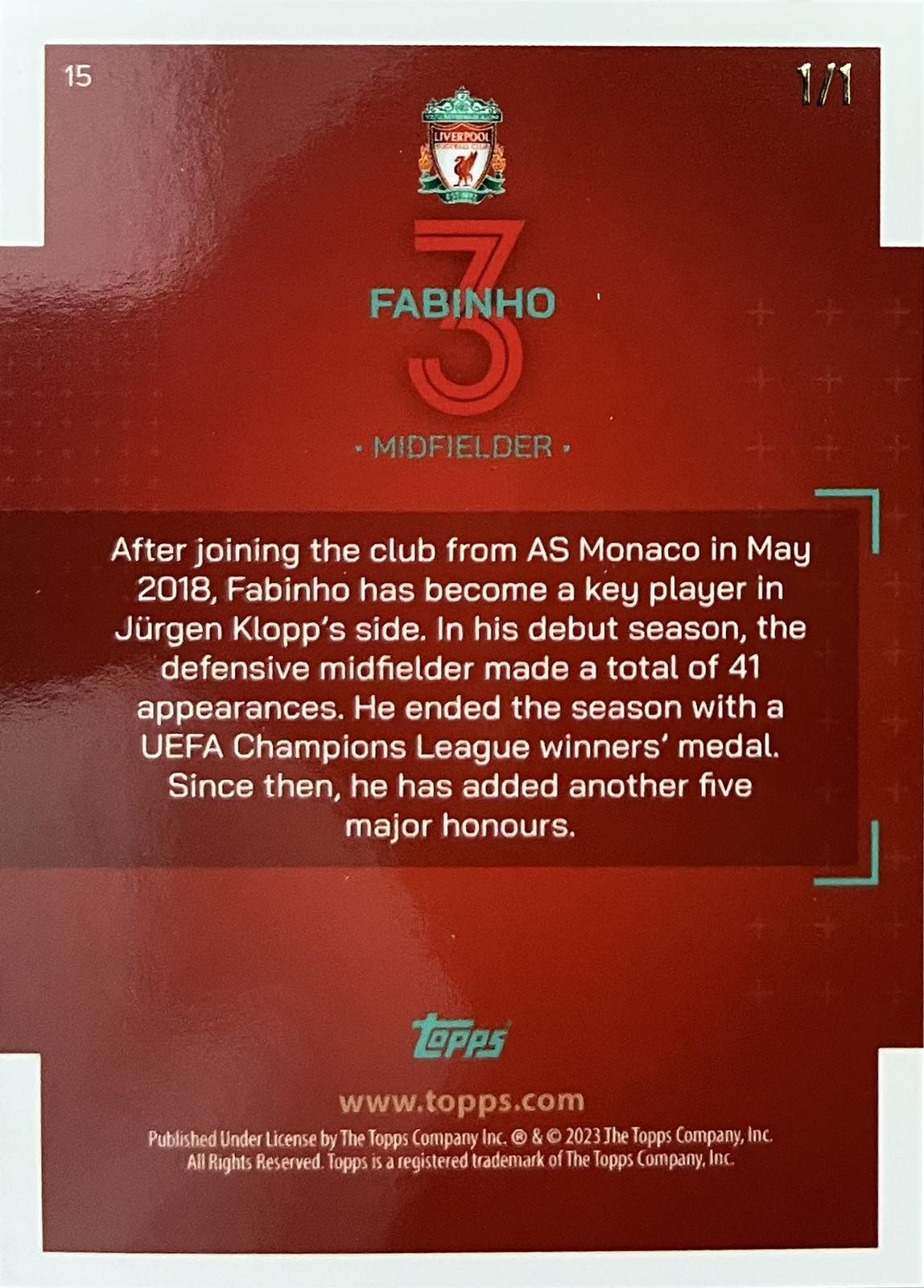 Fabinho Gold Numbered 1/1 One of One Topps Liverpool Fan Set