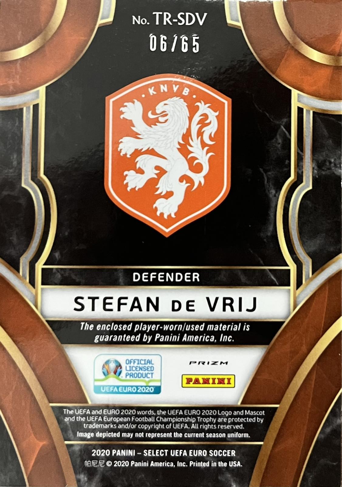Stefan de Vrij Select Triumph Player-Worn Patch Numbered /65 Relic