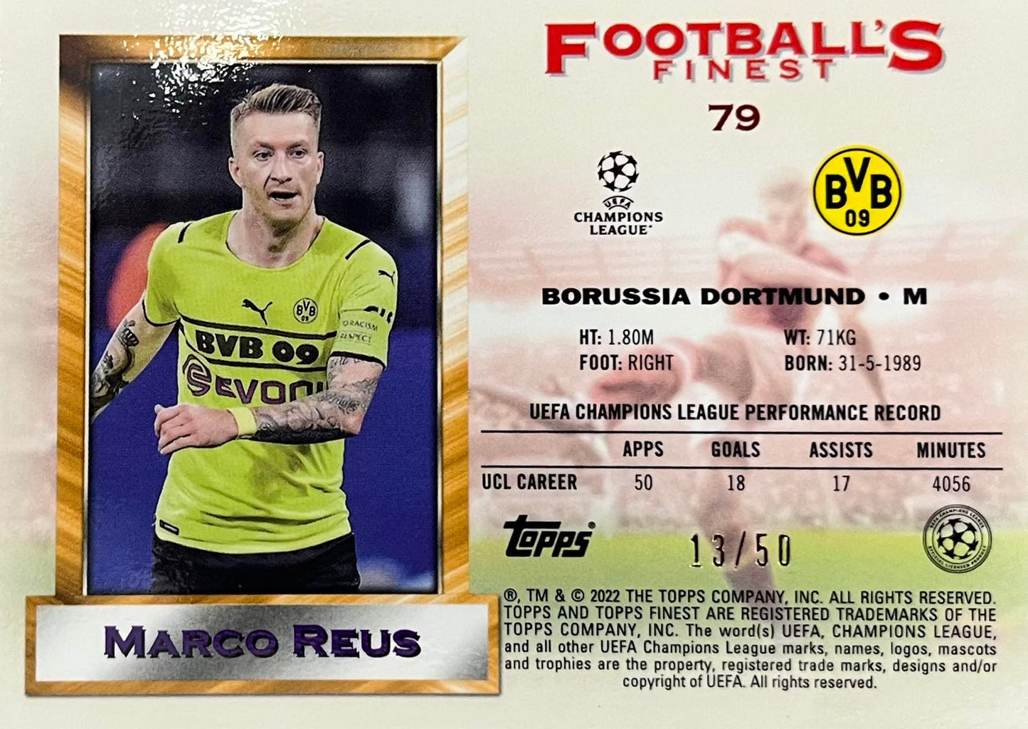 Marco Reus Gold Numbered /50 2021-22 Topps Finest Flashbacks UEFA All Star