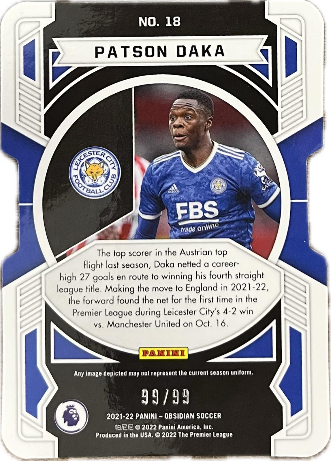 Patson Daka Equinox Obsidian Numbered /99 Panini 2021-22 Leicester