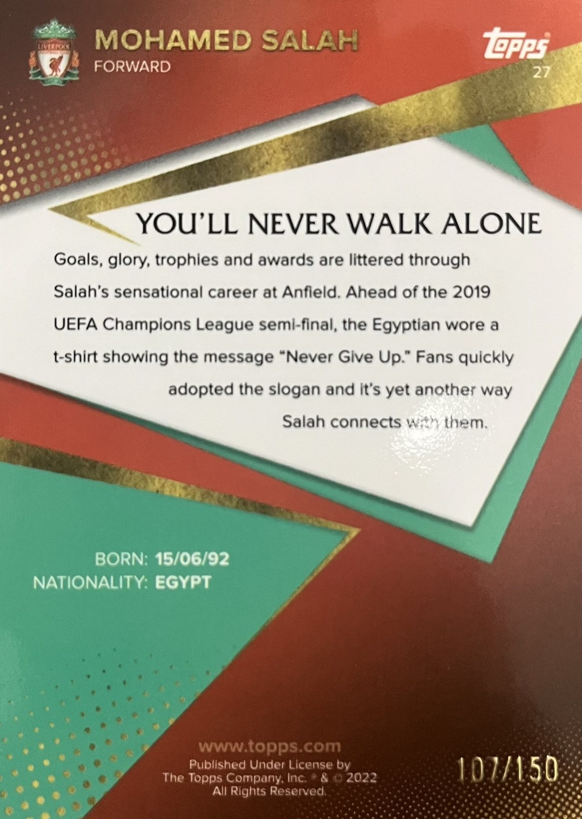 Mohamed Salah Numbered /150 Liverpool Team Set