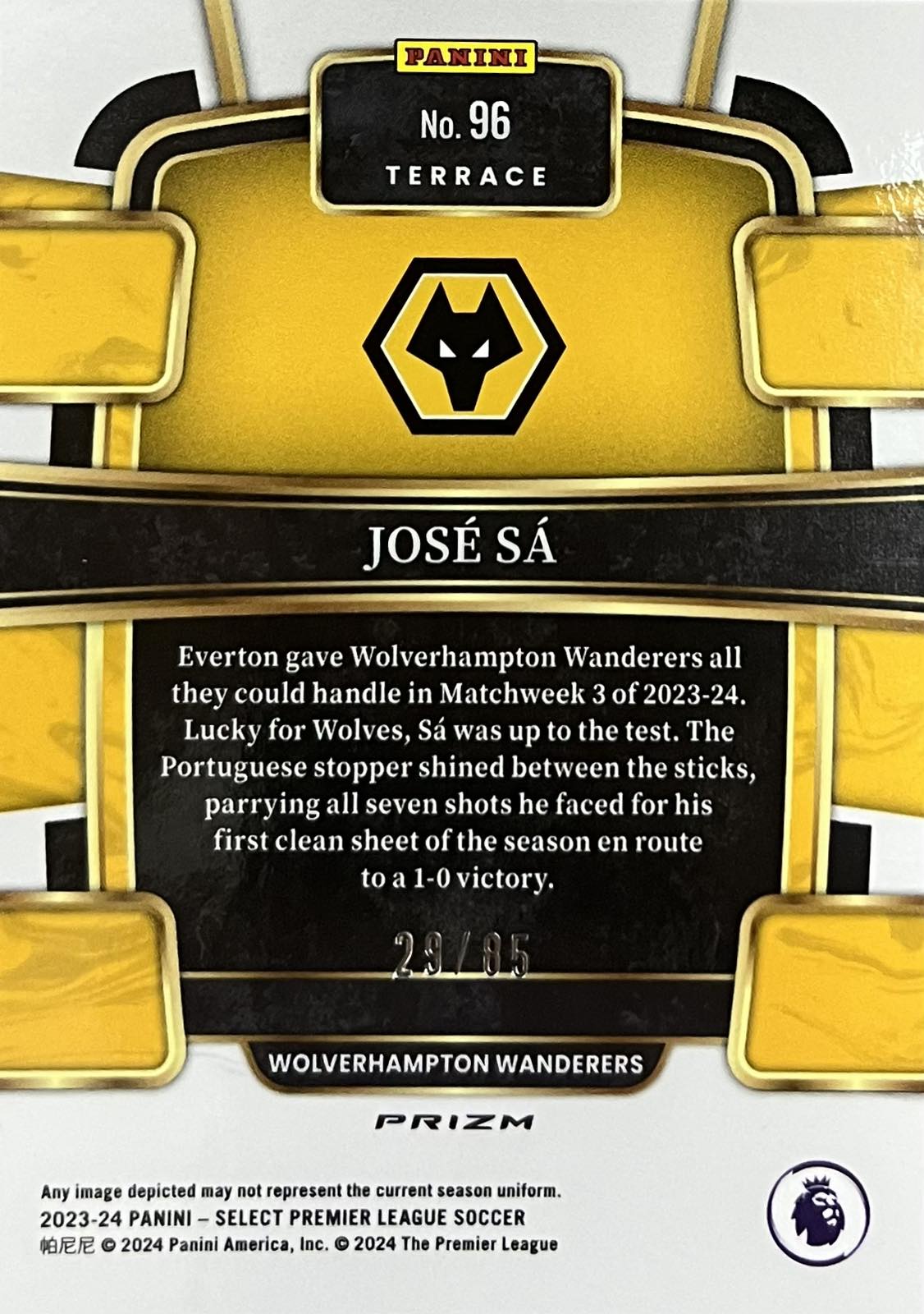Jose Sa White Ice Prizm Numbered /85 Select EPL