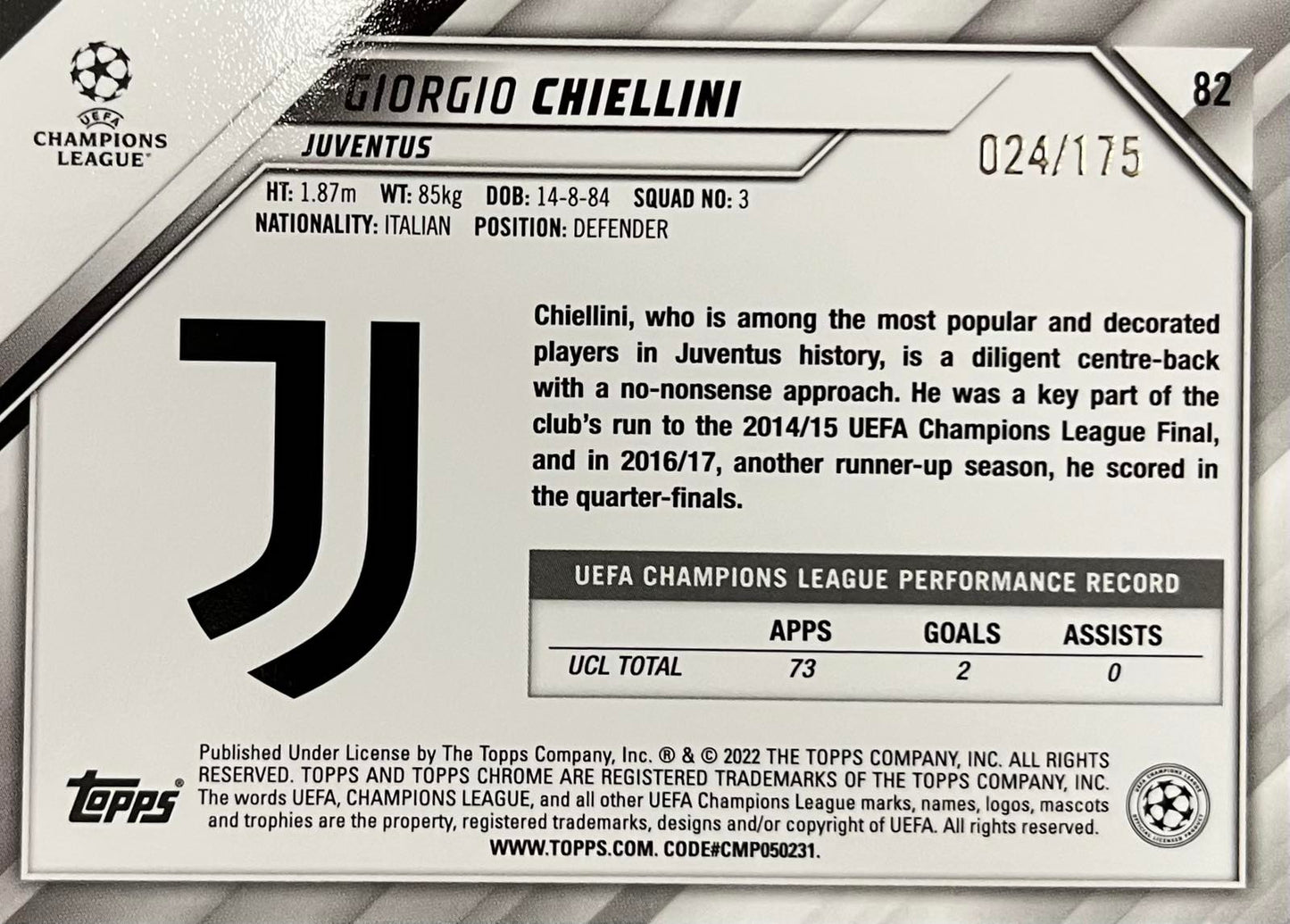 Giorgio Chiellini Numbered /175 Topps Chrome