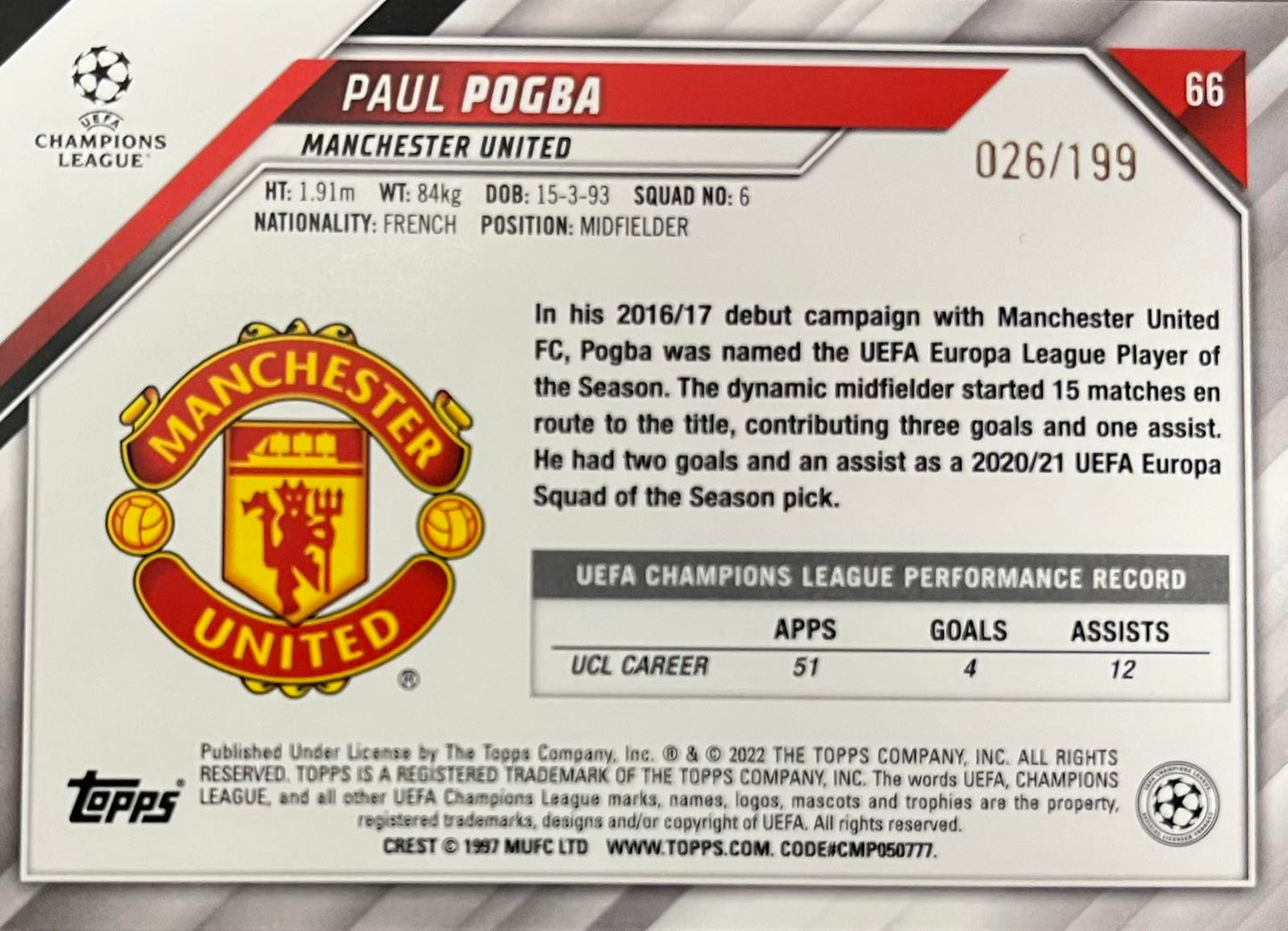 Paul Pogba Neon Green Numbered /199 Topps UCL 2021-22