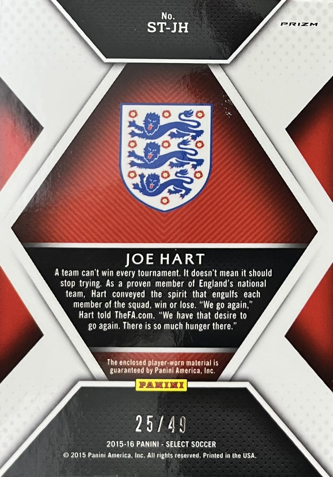 Joe Hart Player-Worn Patch Numbered /49 2015-16 Select Memorabilia