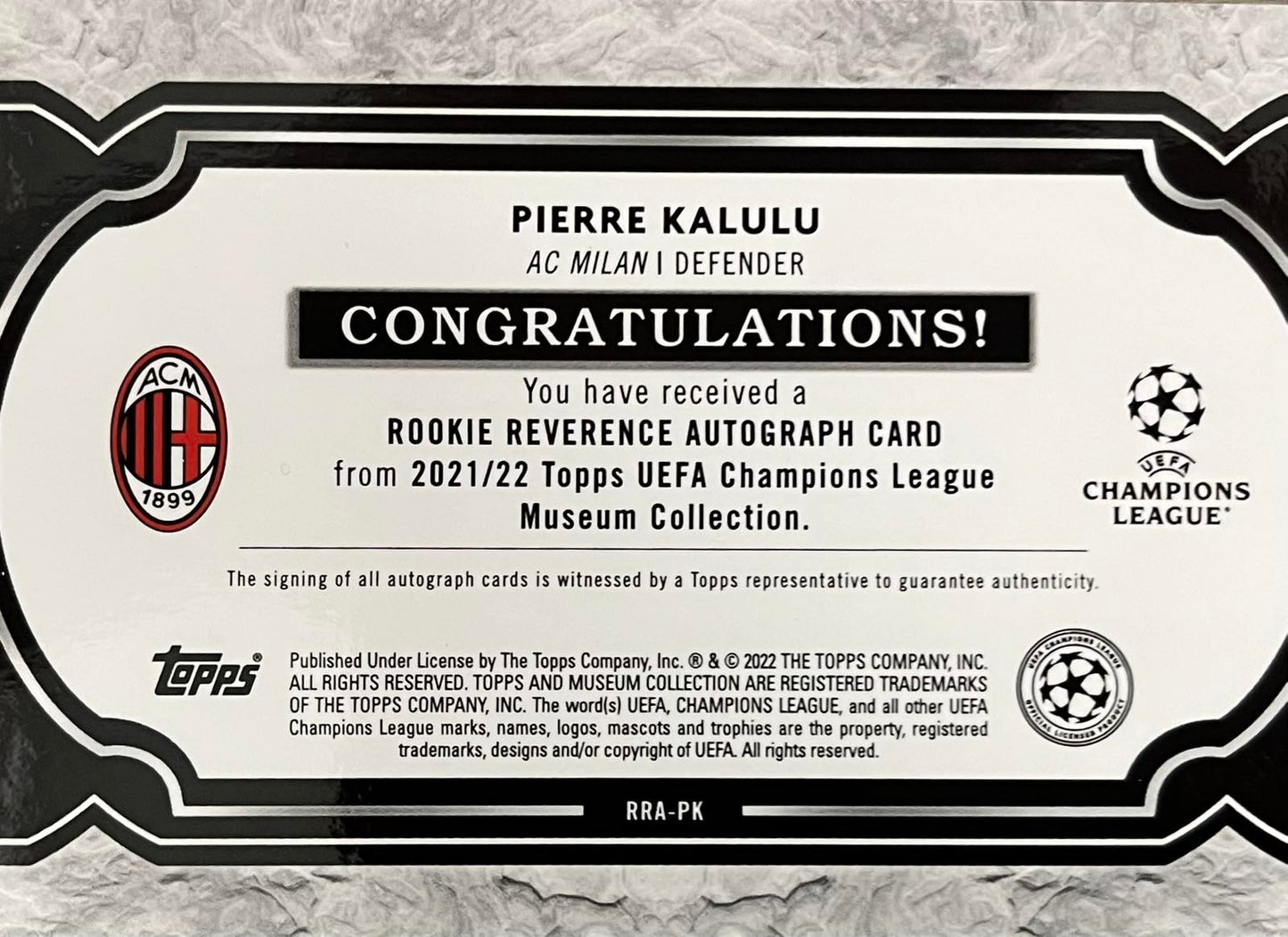 Pierre Kalulu Autograph Numbered /299 Rookie Reverence 2021-22 Topps Museum