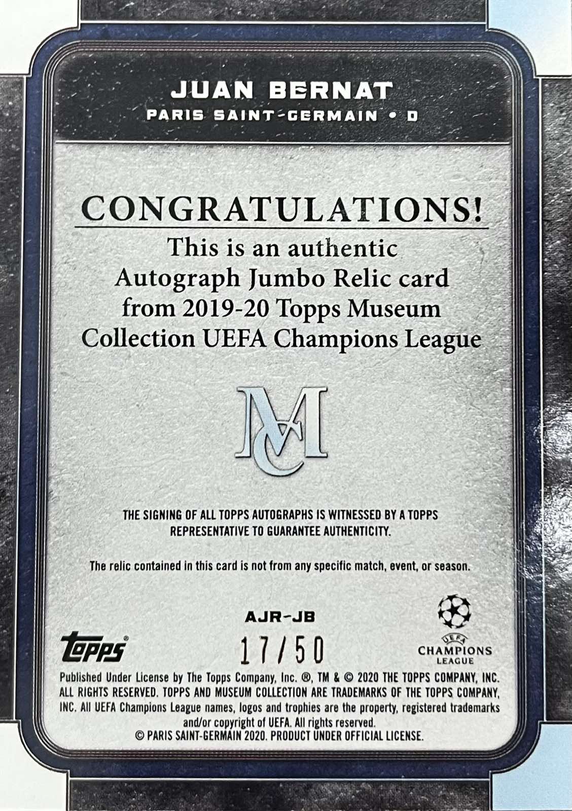 Juan Bernat Autograph Player-Worn Patch Numbered /50 Topps Museum