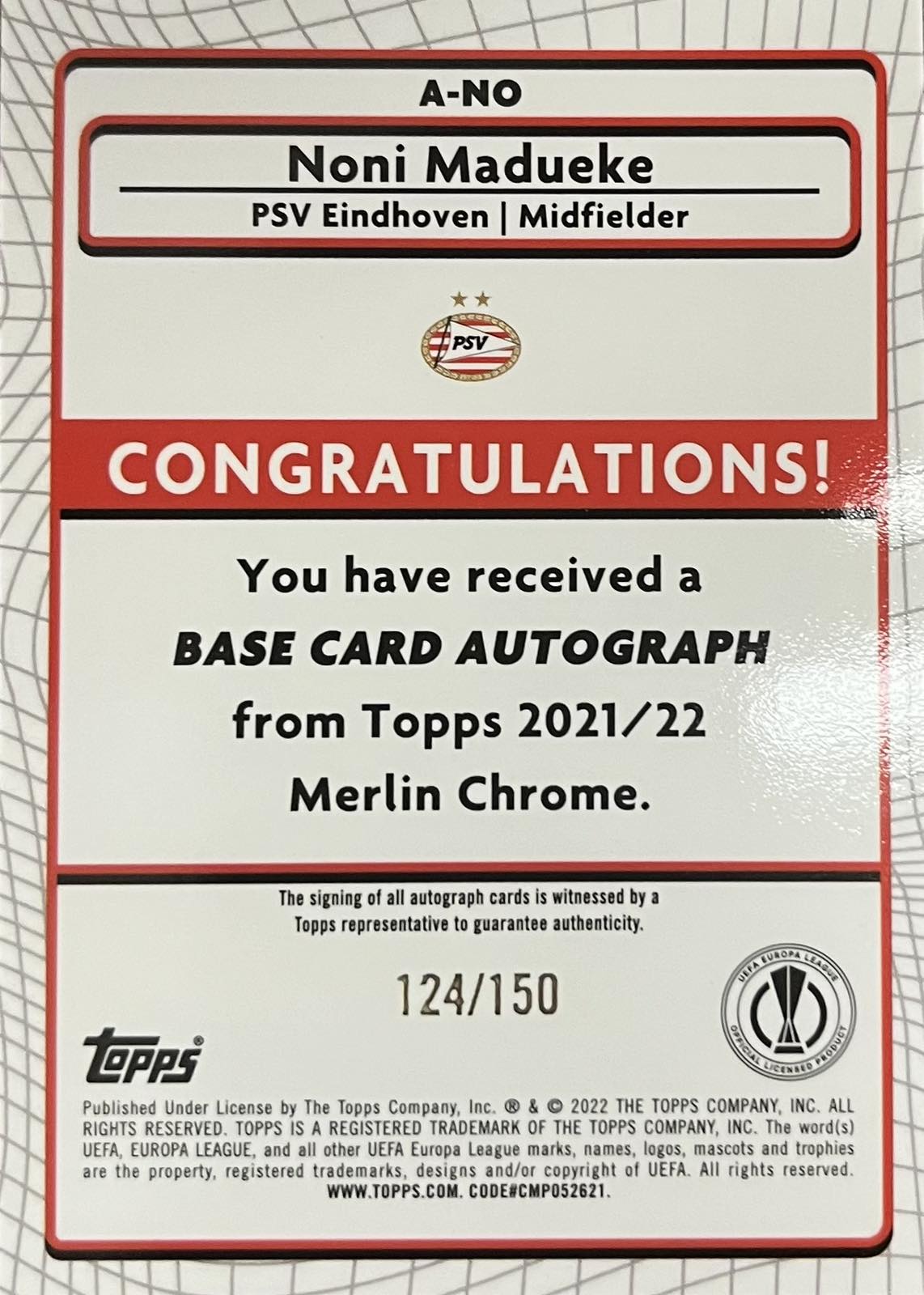 Noni Madueke Autograph Numbered /150 Rookie Merlin Speckle Refractor