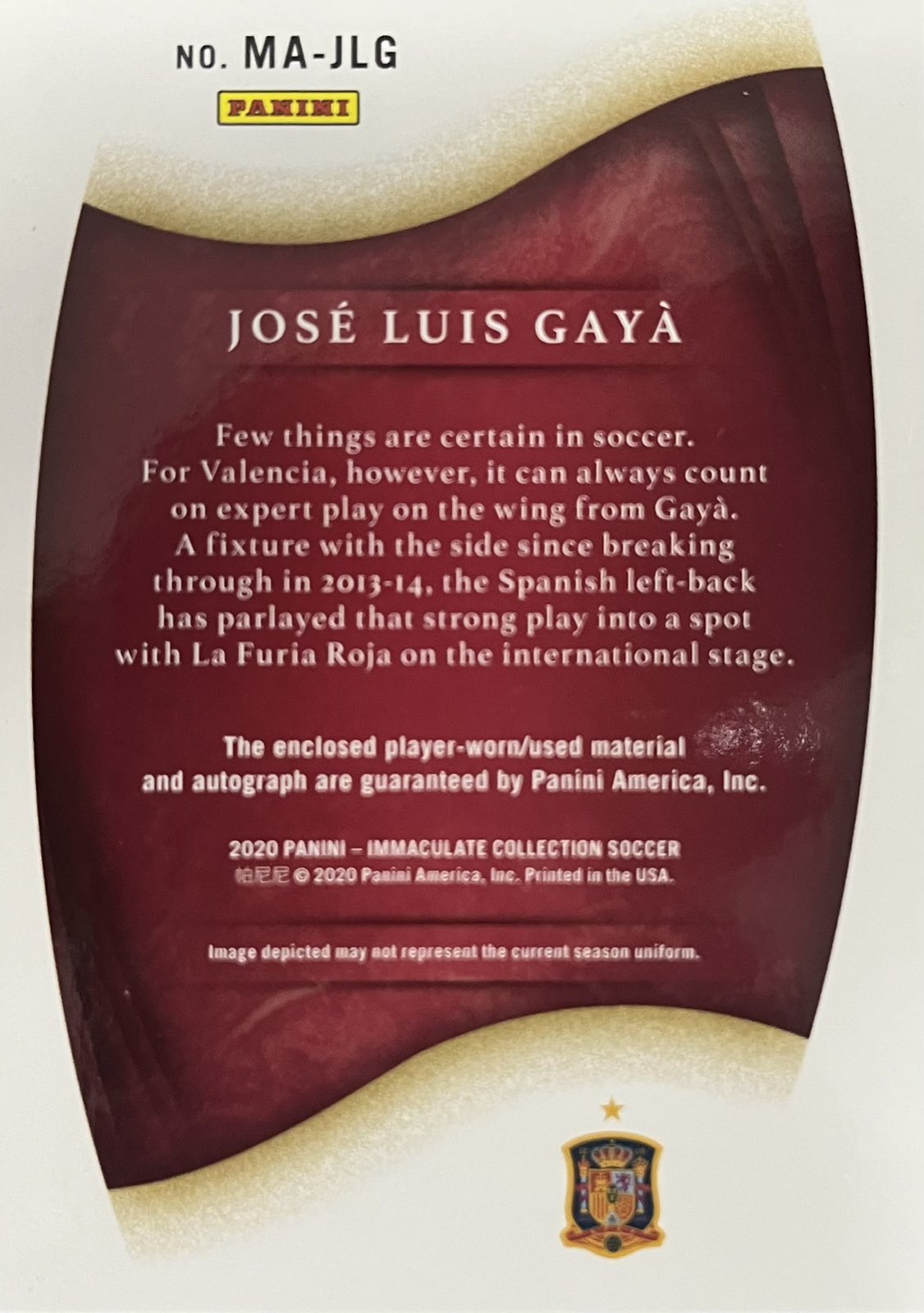 Jose Luis Gaya Player-Worn Patch Autograph Numbered /99 Immaculate